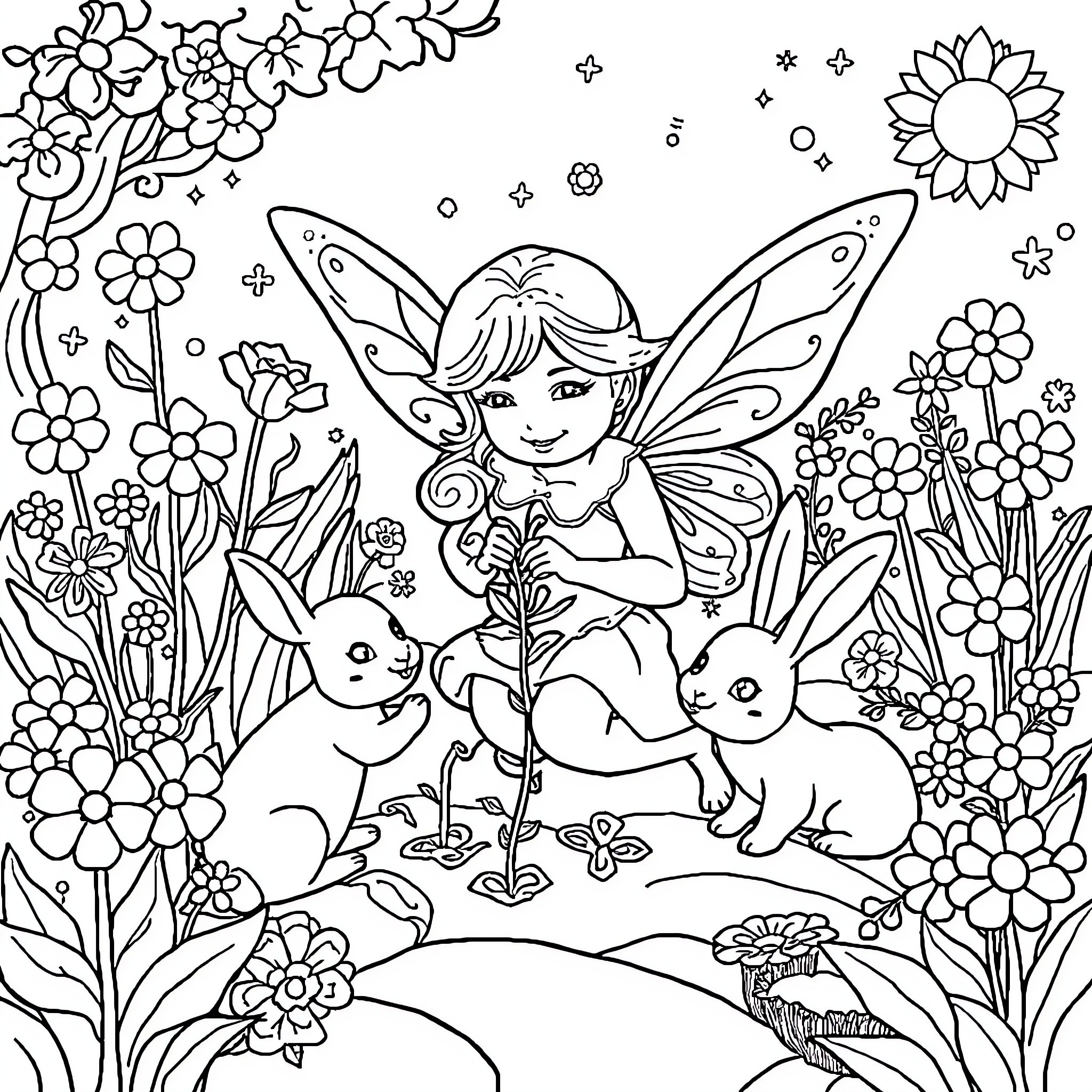 Fairy playing happily with rabbits in the garden Coloring Page (free black-and-white line drawing printable PDF for all, from beginners to advanced learners, including children, teens, adults, and seniors)