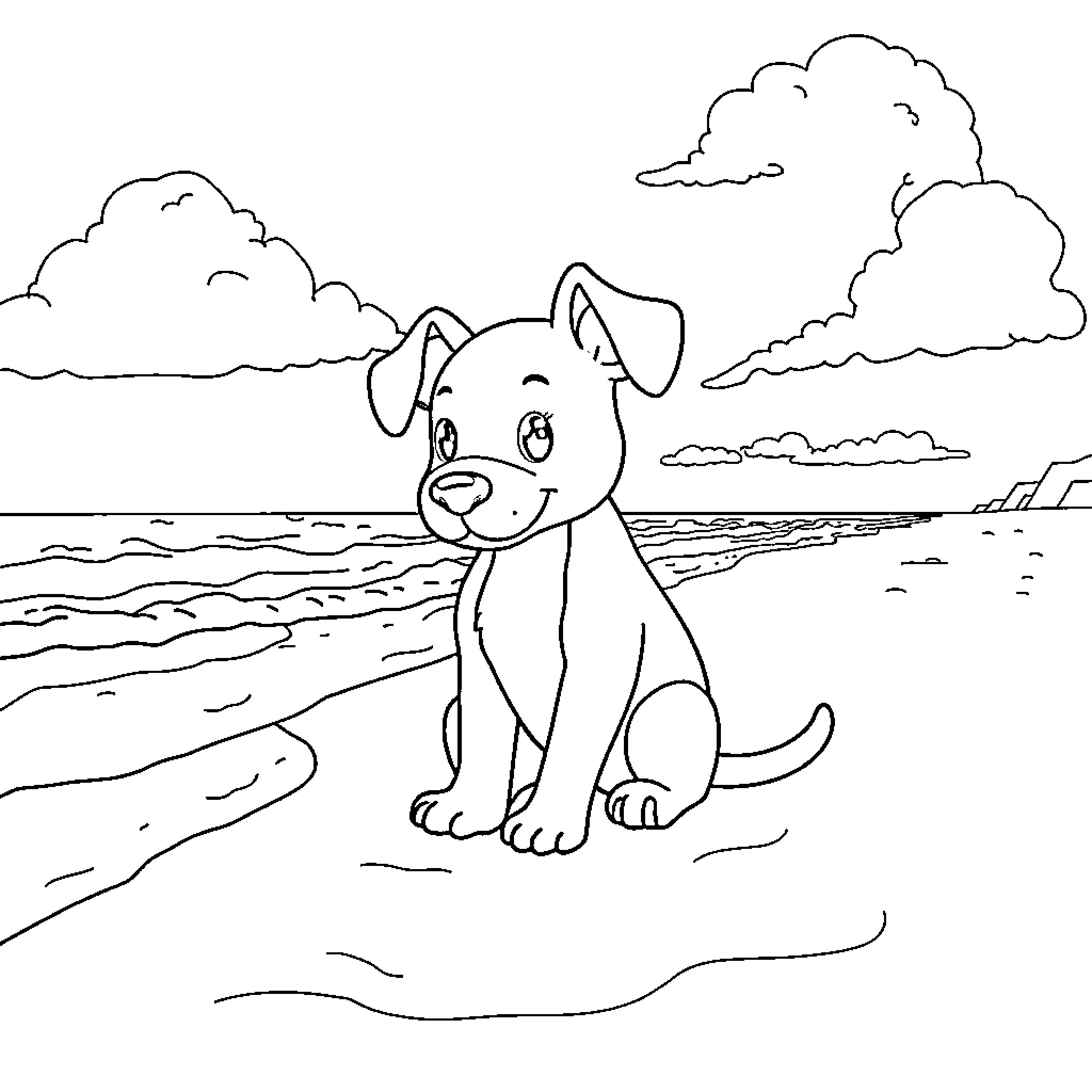 Bluey exploring the beach with curiosity Coloring Page (free black-and-white line drawing printable PDF for all, from beginners to advanced learners, including children, teens, adults, and seniors)