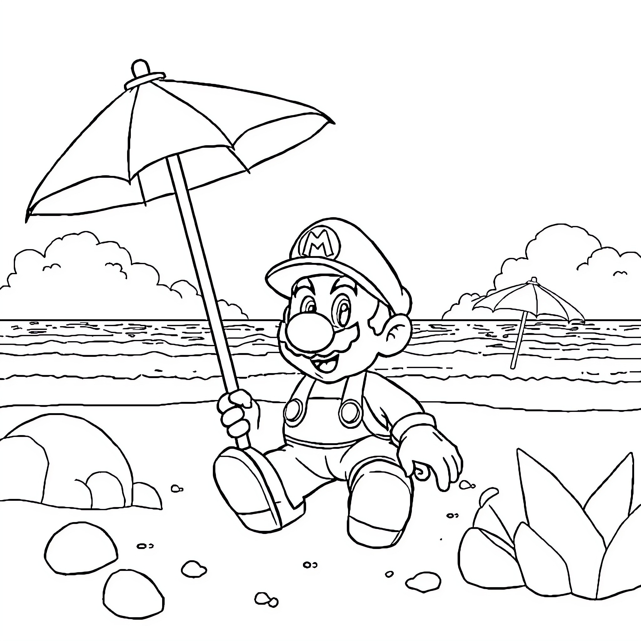 Mario enjoying a day at the beach Coloring Page (free black-and-white line drawing printable PDF for all, from beginners to advanced learners, including children, teens, adults, and seniors)