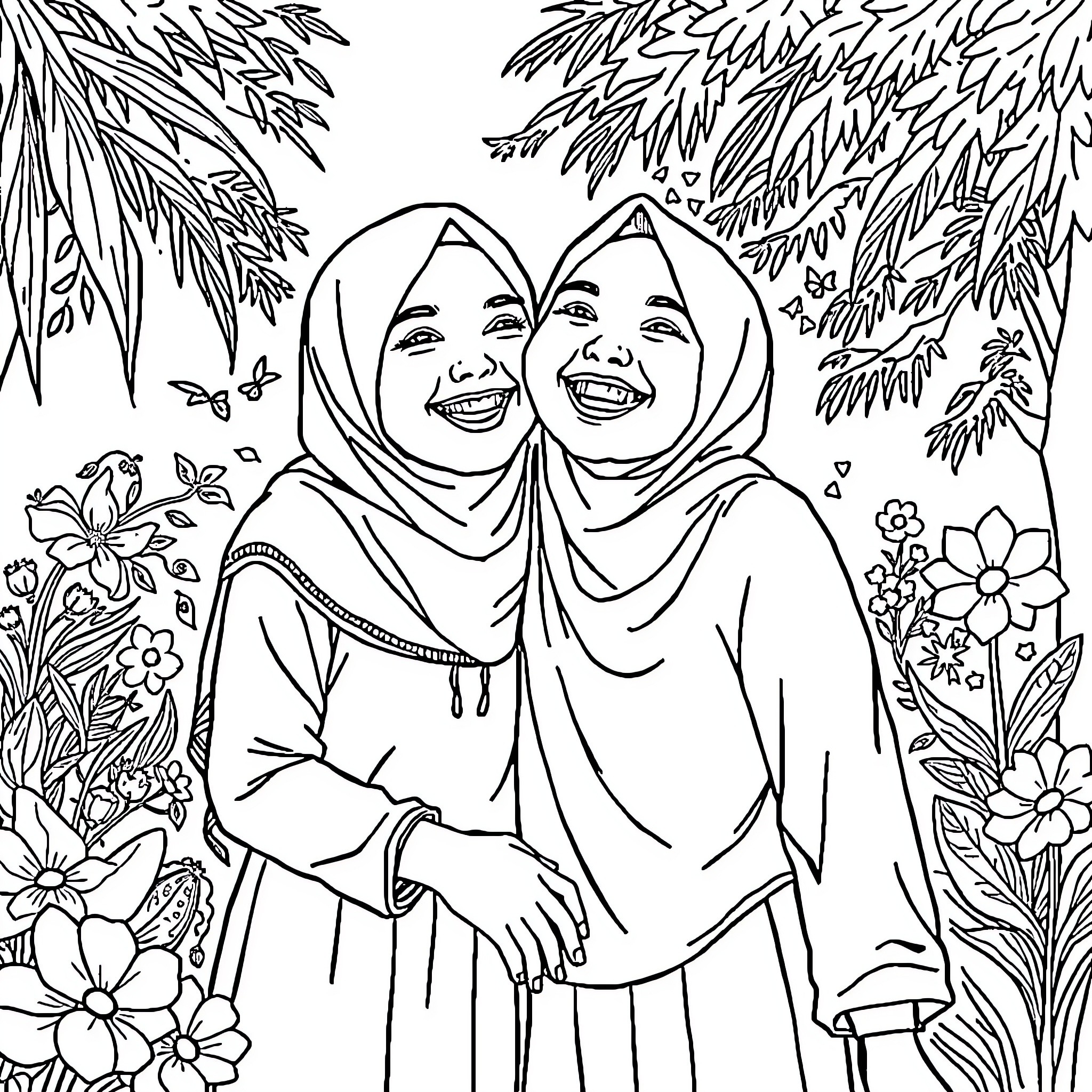 Cantika: Two friends embracing with joy in a floral setting Coloring Page (free black-and-white line drawing printable PDF for all, from beginners to advanced learners, including children, teens, adults, and seniors)