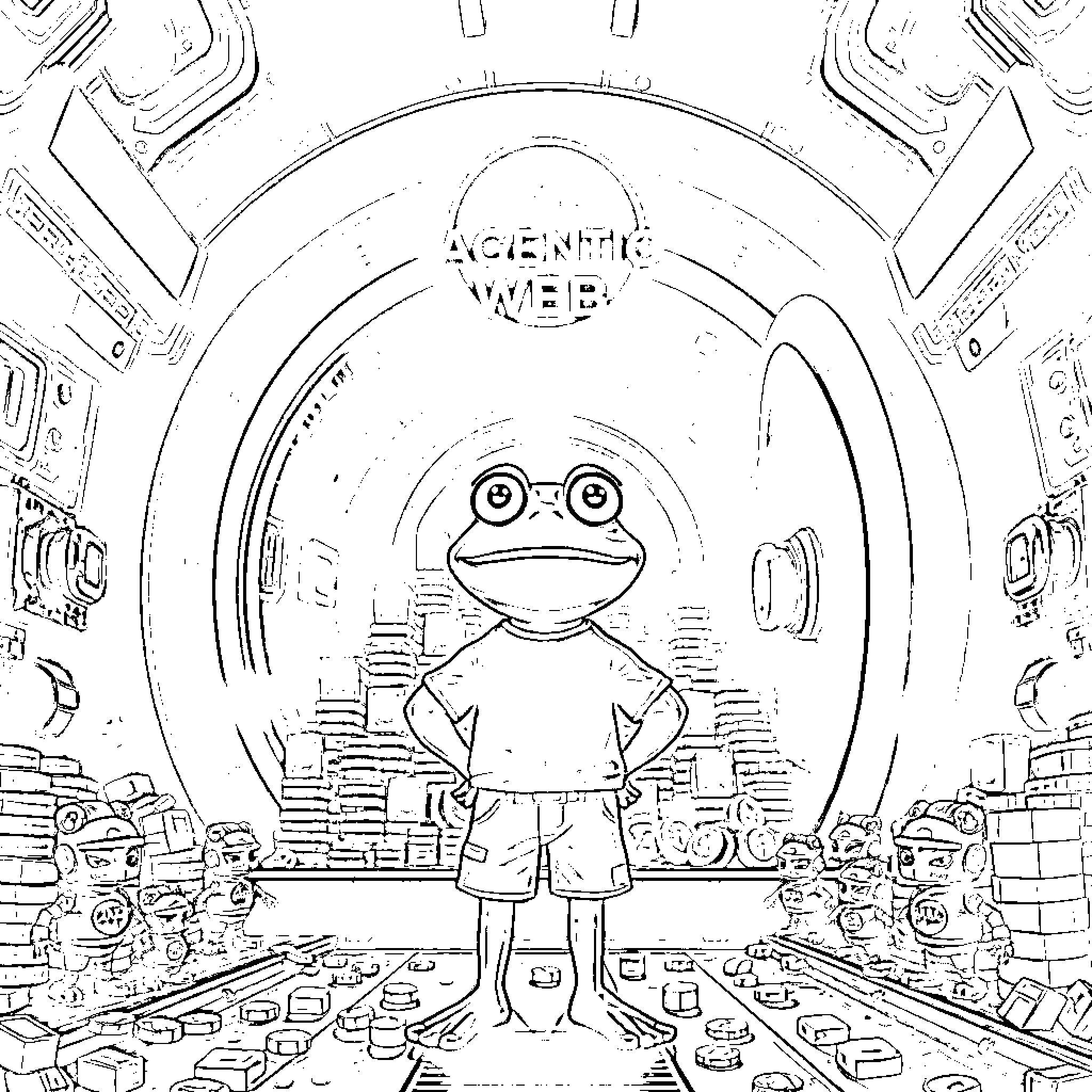 Pepe the Frog in a surreal technological landscape Coloring Page (free black-and-white line drawing printable PDF for all, from beginners to advanced learners, including children, teens, adults, and seniors)