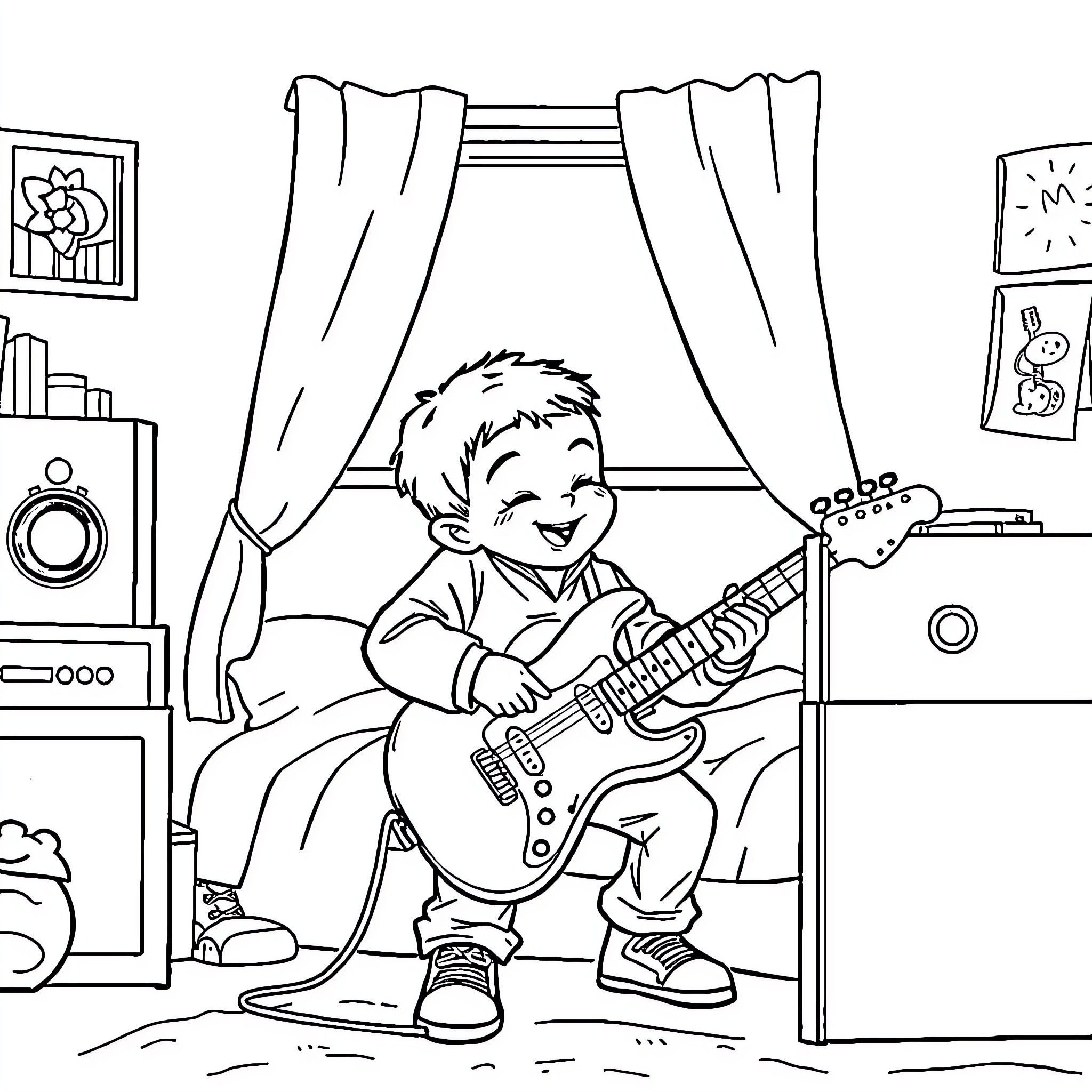 Boy playing electric guitar in his room Coloring Page (free black-and-white line drawing printable PDF for all, from beginners to advanced learners, including children, teens, adults, and seniors)