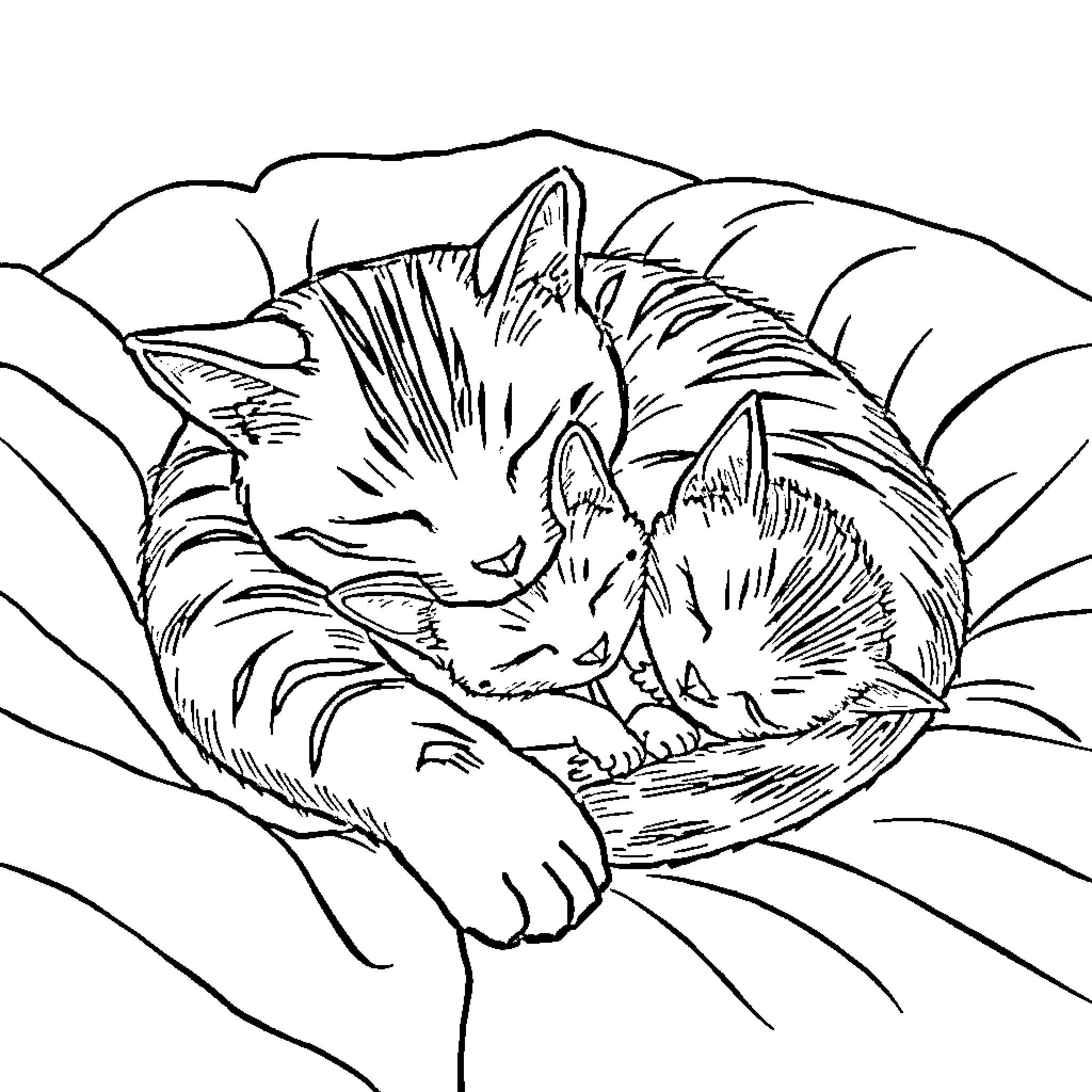 Cat sleeping peacefully in its cozy bed Coloring Page (free black-and-white line drawing printable PDF for all, from beginners to advanced learners, including children, teens, adults, and seniors)