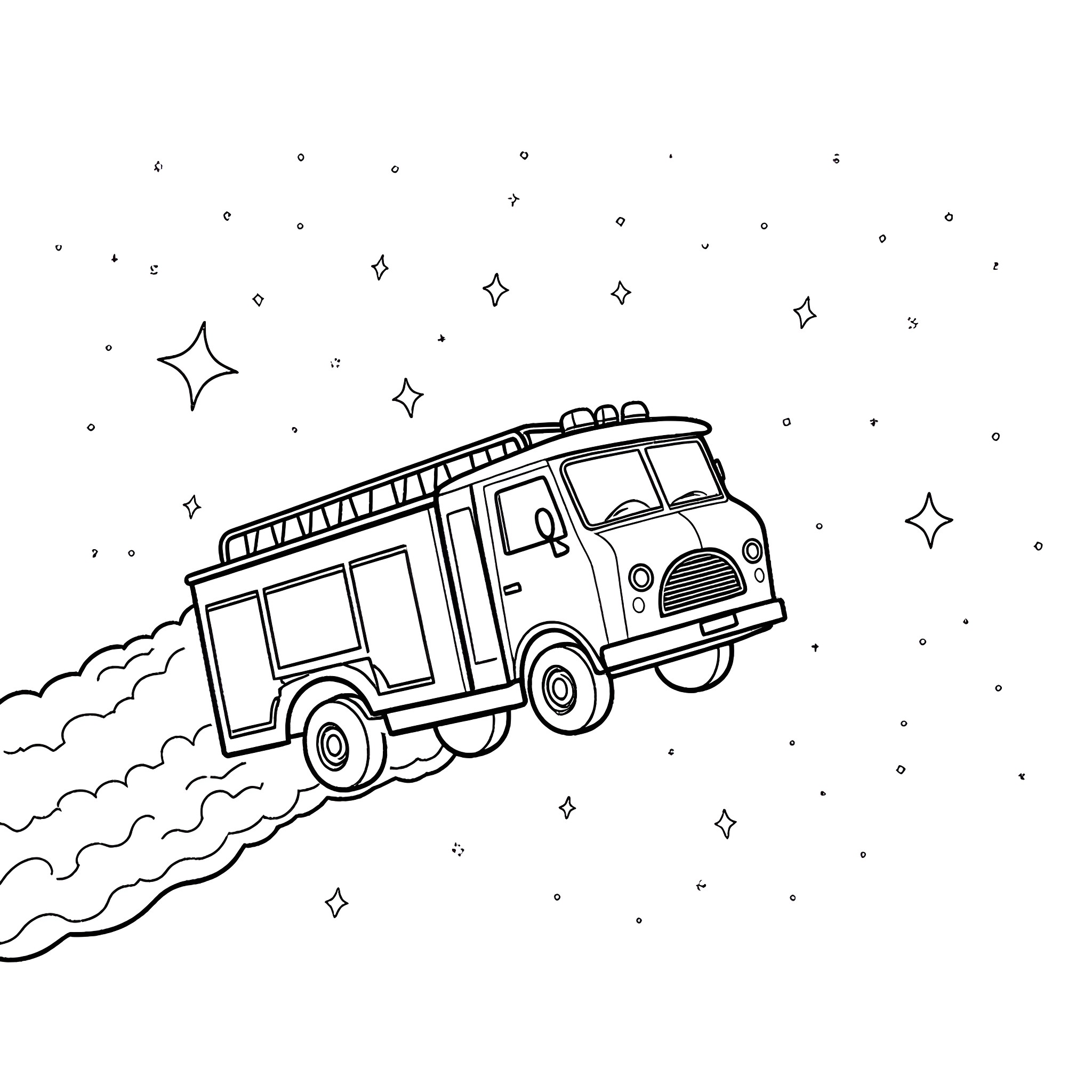 Fire Truck speeding through the starry night Coloring Page (free black-and-white line drawing printable PDF for all, from beginners to advanced learners, including children, teens, adults, and seniors)