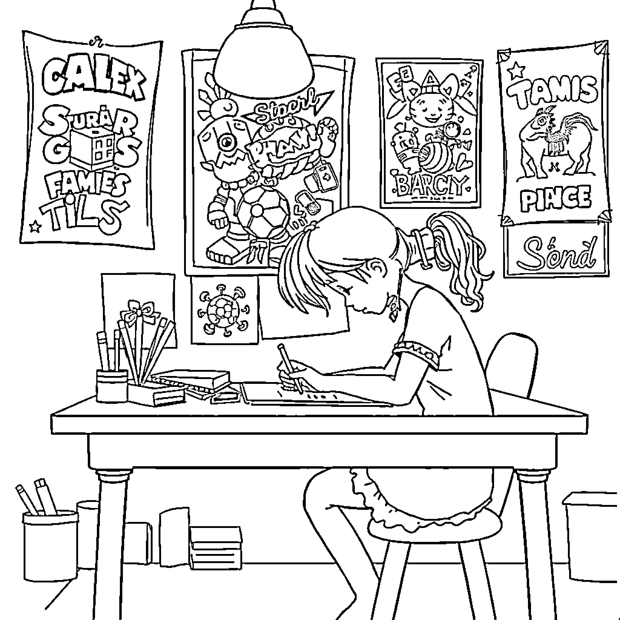 Girl Coloring Drawings with Artistic Expression Coloring Page (free black-and-white line drawing printable PDF for all, from beginners to advanced learners, including children, teens, adults, and seniors)