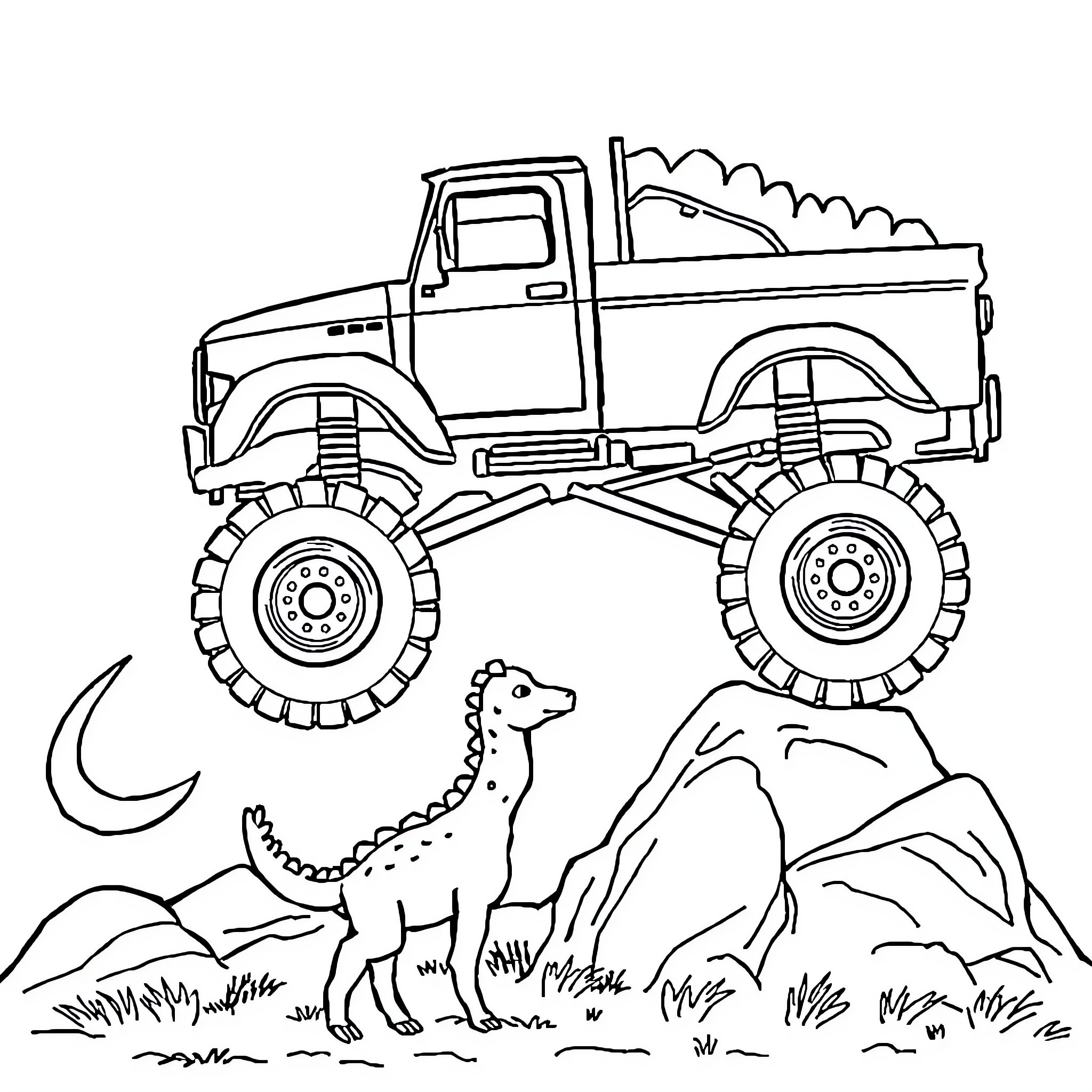 Monster Truck Traversing Rugged Terrain with Dinosaur Coloring Page (free black-and-white line drawing printable PDF for all, from beginners to advanced learners, including children, teens, adults, and seniors)