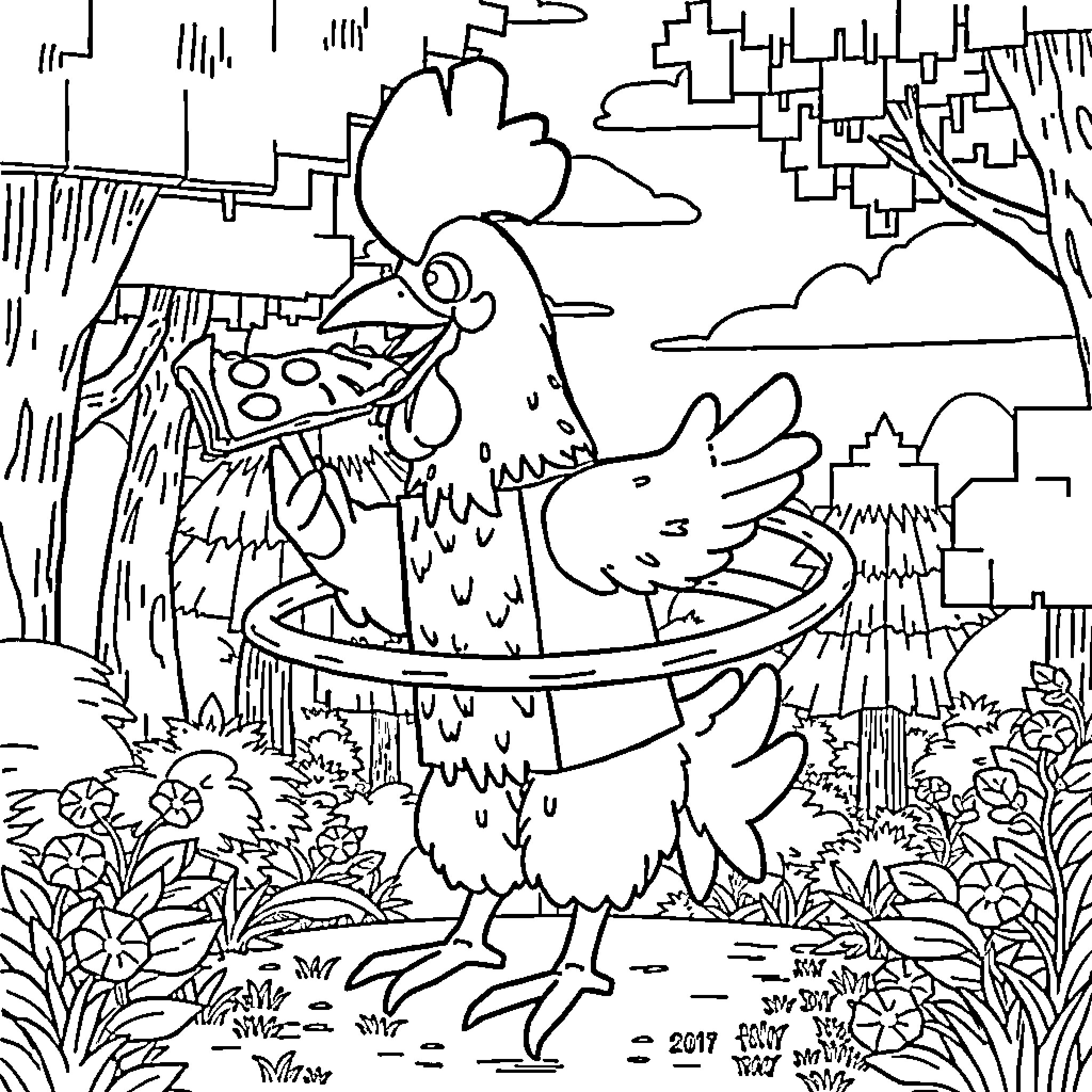 Chickenjockey exploring the countryside Coloring Page (free black-and-white line drawing printable PDF for all, from beginners to advanced learners, including children, teens, adults, and seniors)