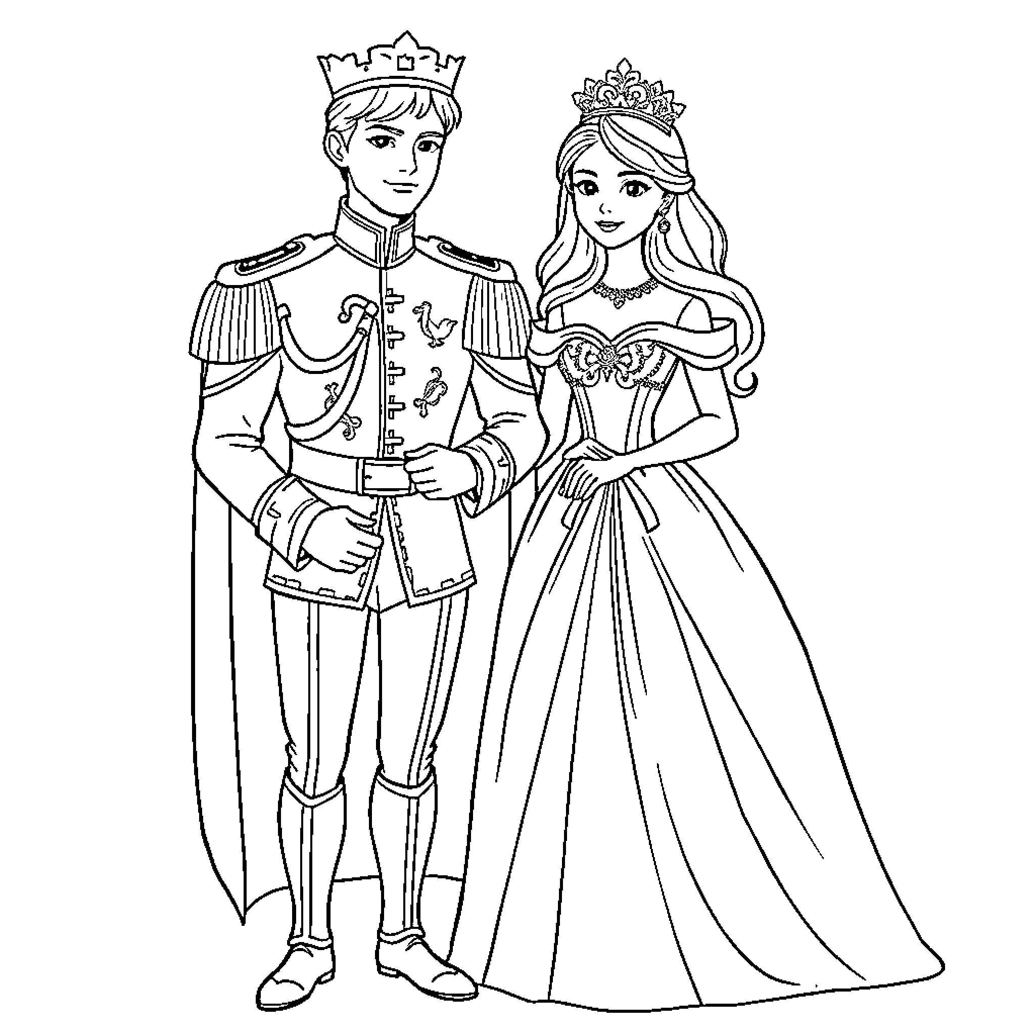 Prince and Princess in Formal Attire Coloring Page (free black-and-white line drawing printable PDF for all, from beginners to advanced learners, including children, teens, adults, and seniors)