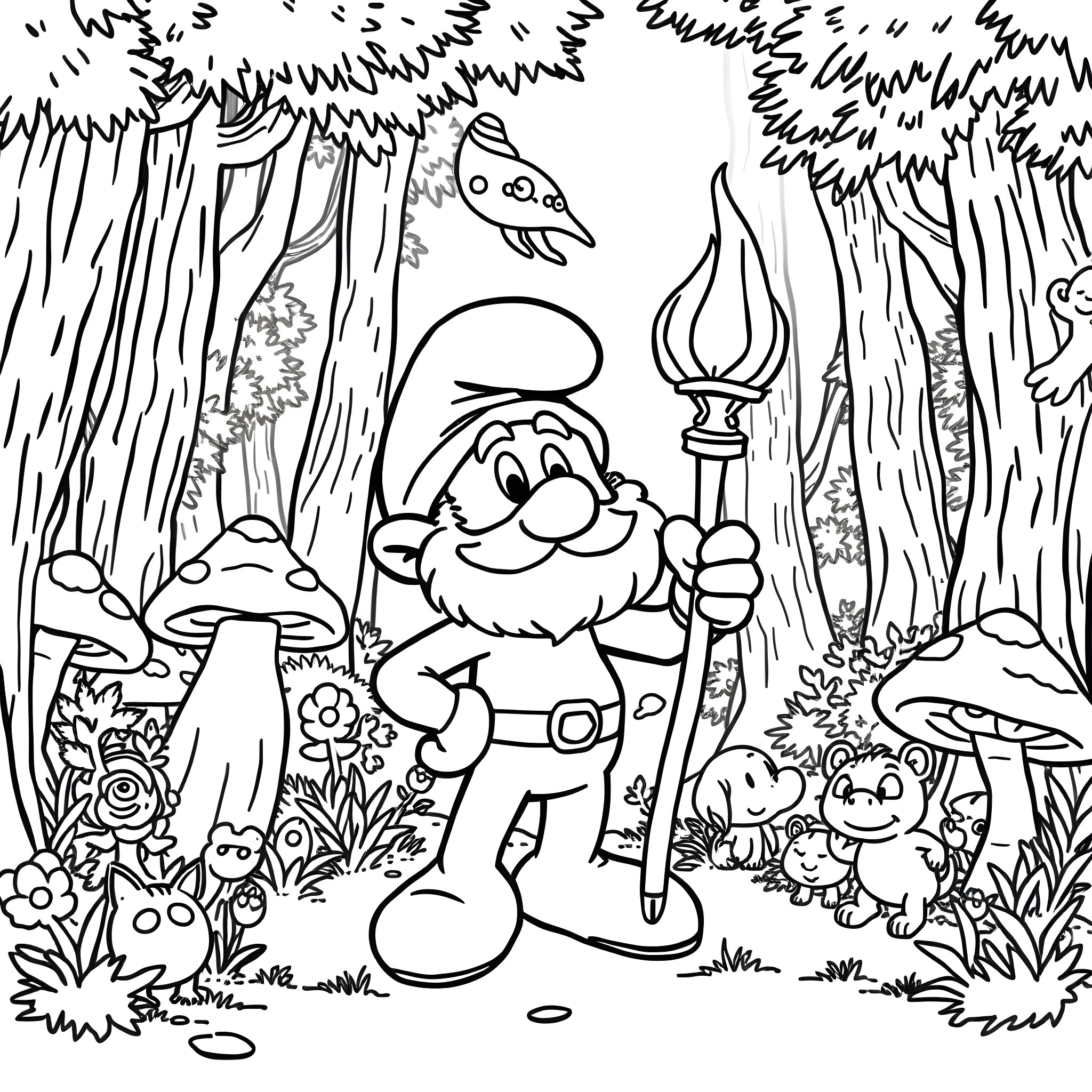 Papa Smurf exploring the enchanted forest Coloring Page (free black-and-white line drawing printable PDF for all, from beginners to advanced learners, including children, teens, adults, and seniors)