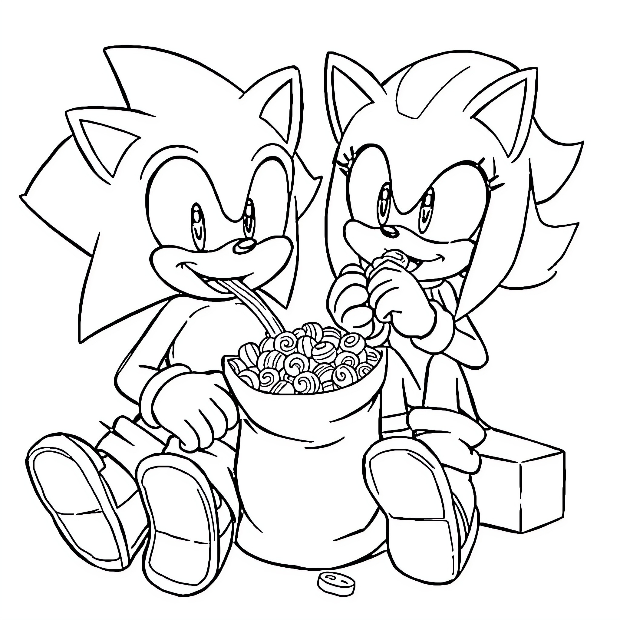 Sonic and friend sharing a snack together Coloring Page (free black-and-white line drawing printable PDF for all, from beginners to advanced learners, including children, teens, adults, and seniors)