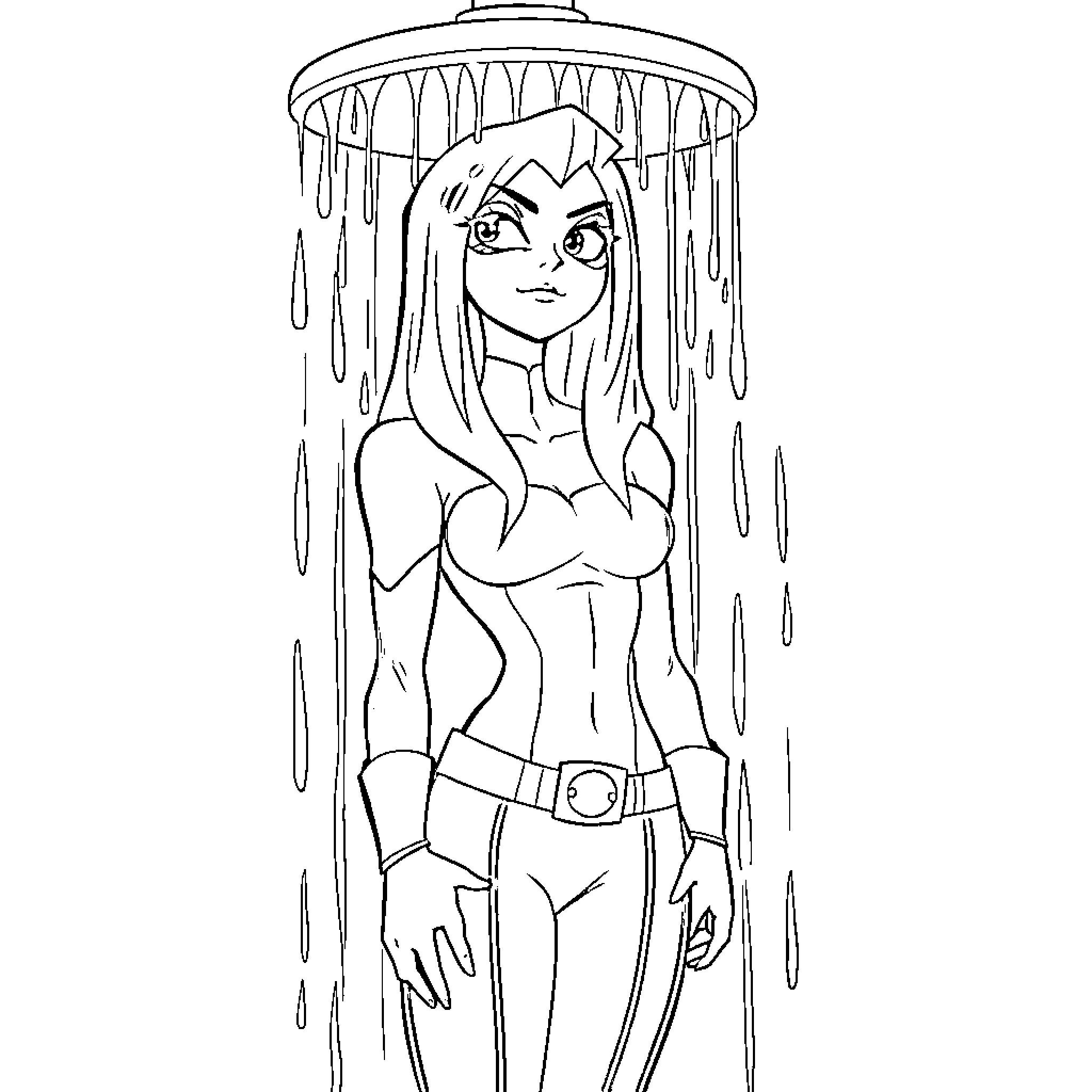 Raven heroine standing in the rain Coloring Page (free black-and-white line drawing printable PDF for all, from beginners to advanced learners, including children, teens, adults, and seniors)