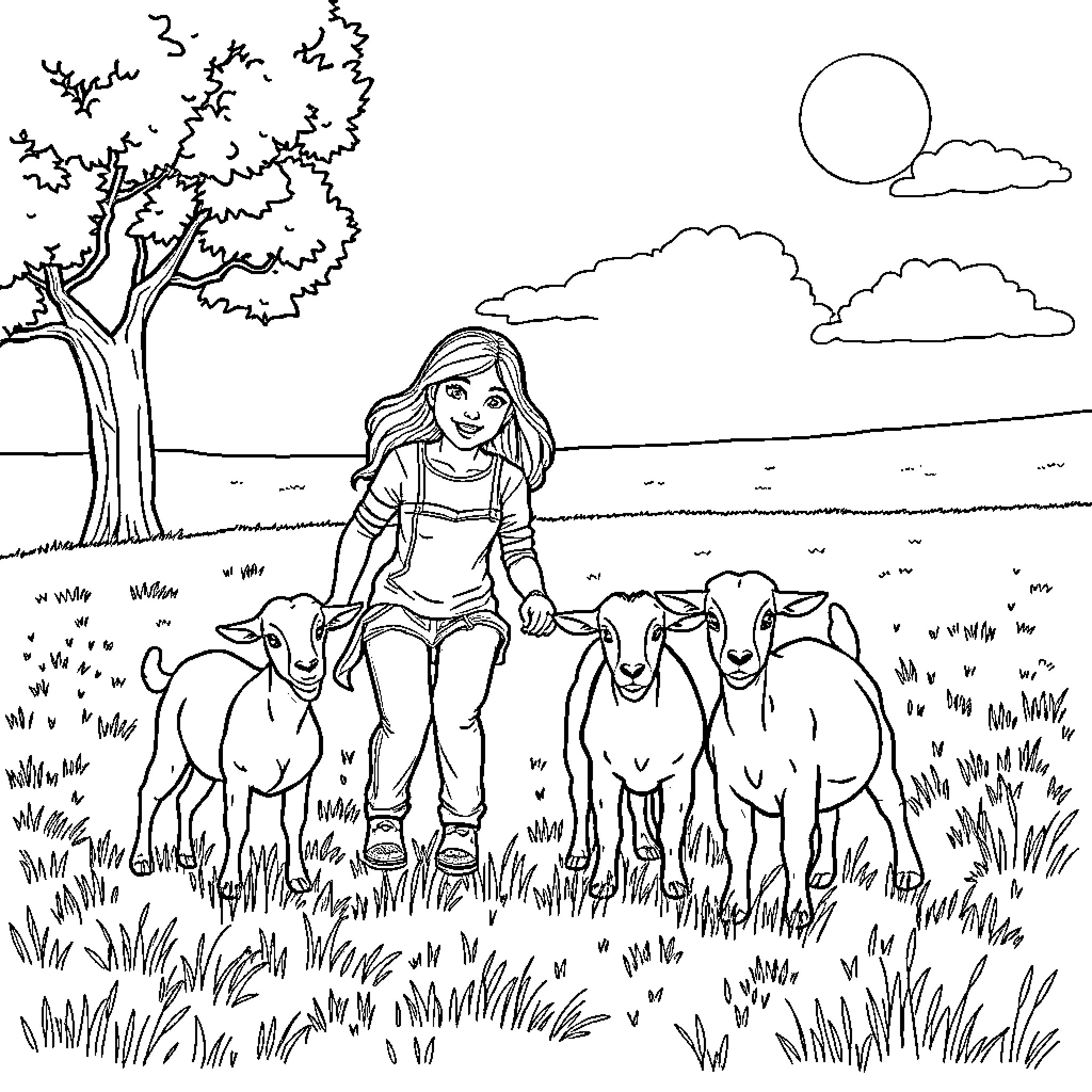 Goat girl befriends playful farm animals Coloring Page (free black-and-white line drawing printable PDF for all, from beginners to advanced learners, including children, teens, adults, and seniors)