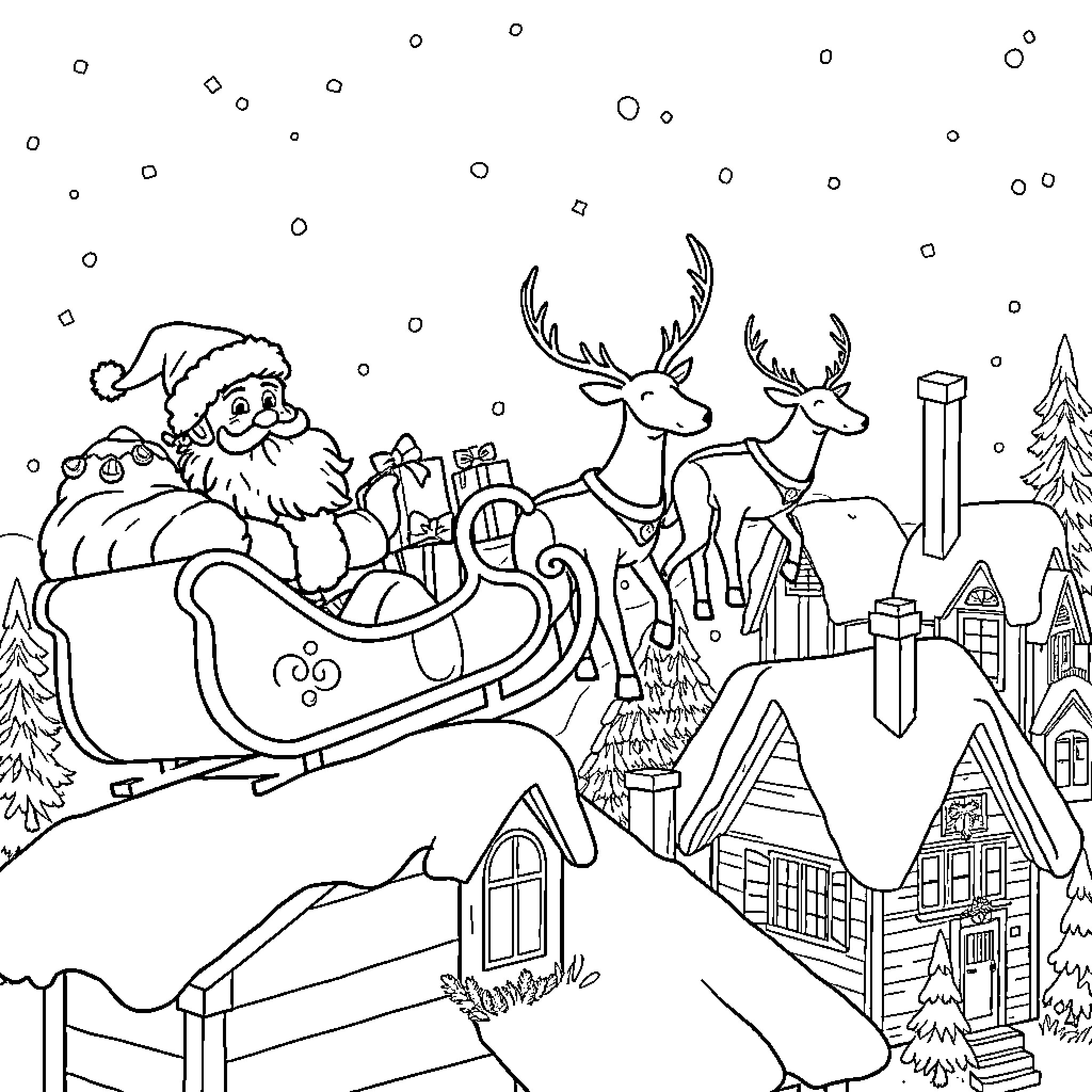 Santa's Sleigh Journey through the Snowy Village Coloring Page (free black-and-white line drawing printable PDF for all, from beginners to advanced learners, including children, teens, adults, and seniors)