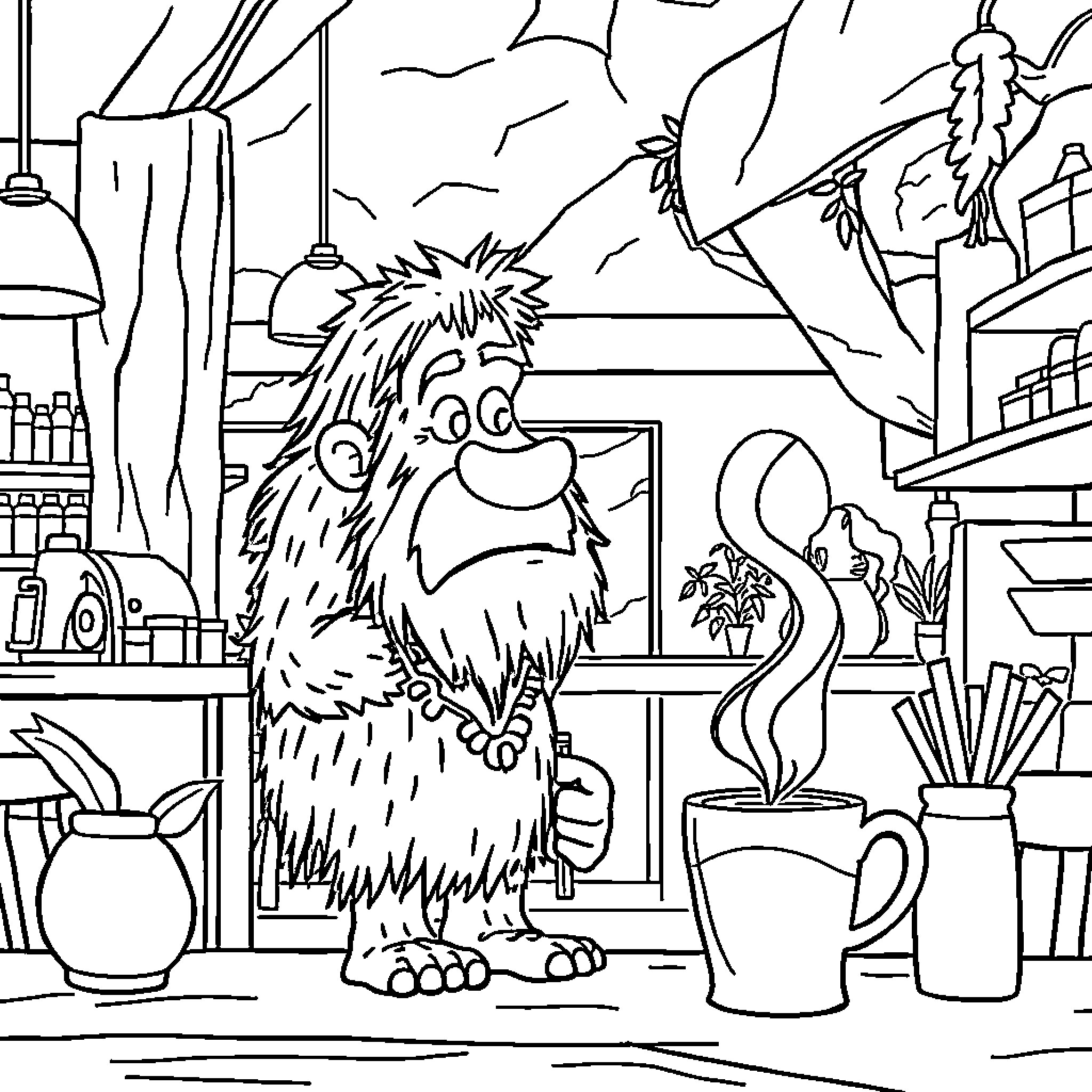 Caveman tending to his cozy den environment Coloring Page (free black-and-white line drawing printable PDF for all, from beginners to advanced learners, including children, teens, adults, and seniors)