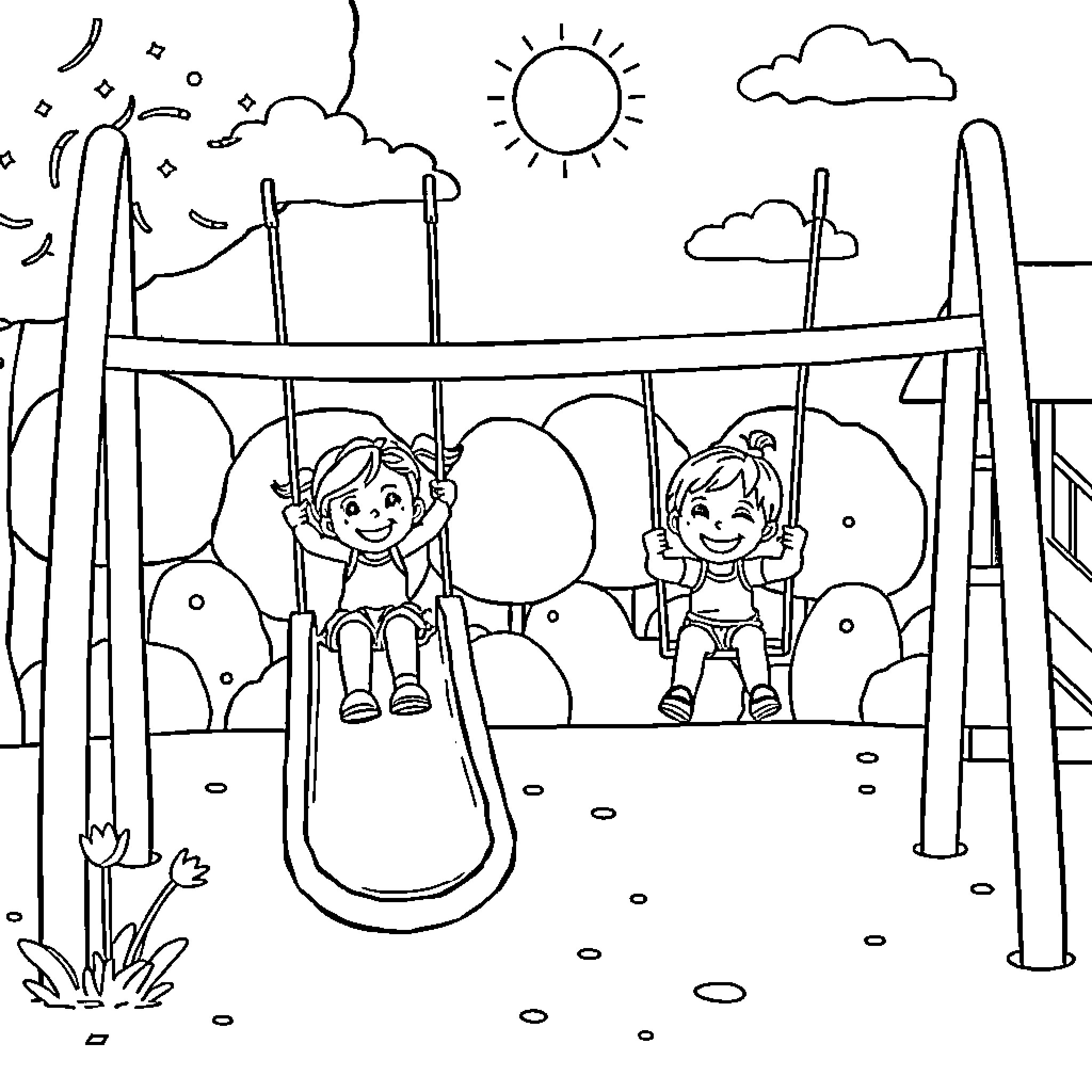 Kids playing happily on playground swings Coloring Page (free black-and-white line drawing printable PDF for all, from beginners to advanced learners, including children, teens, adults, and seniors)
