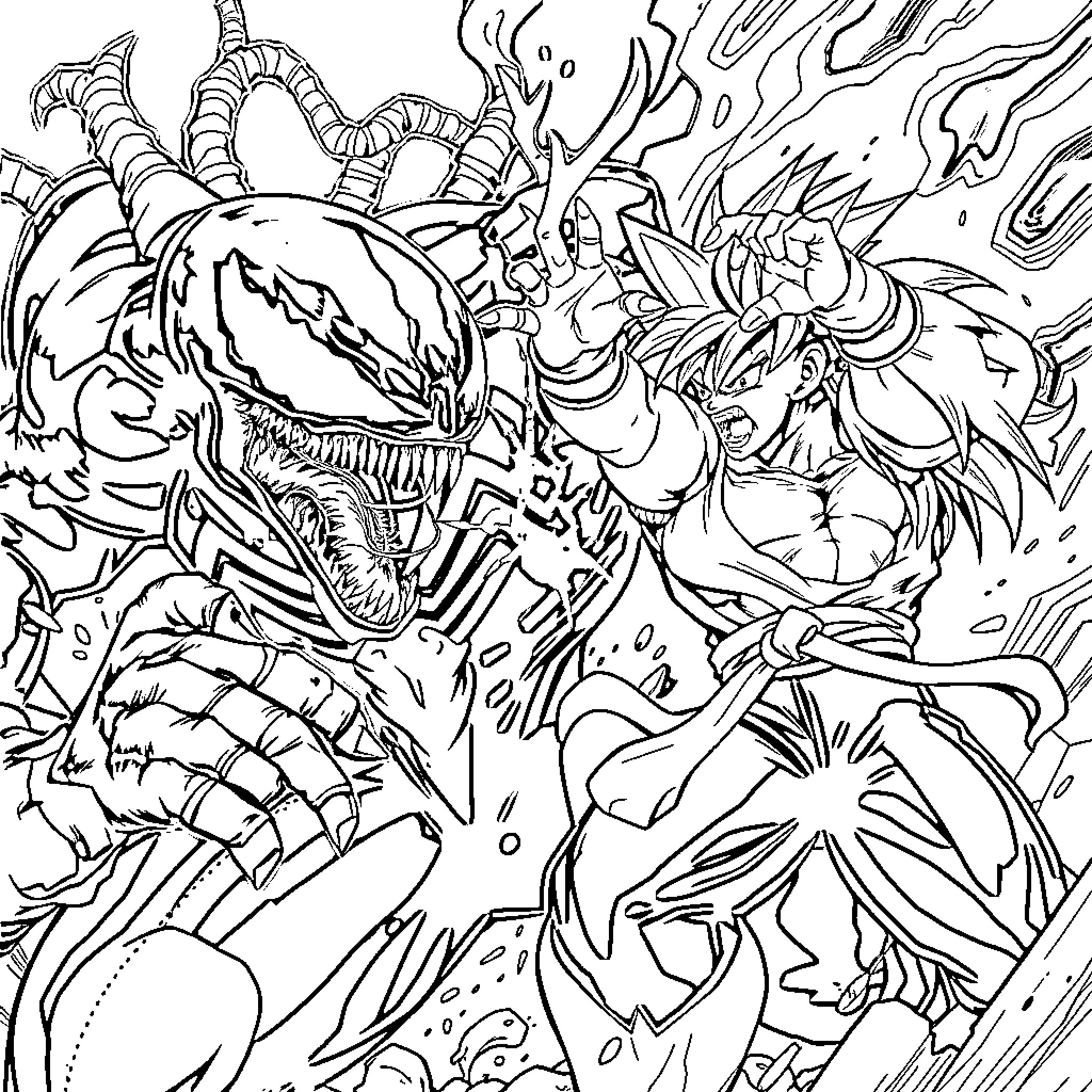 Venom's Menacing Encounter: A Clash of Symbiotic Fury Coloring Page (free black-and-white line drawing printable PDF for all, from beginners to advanced learners, including children, teens, adults, and seniors)