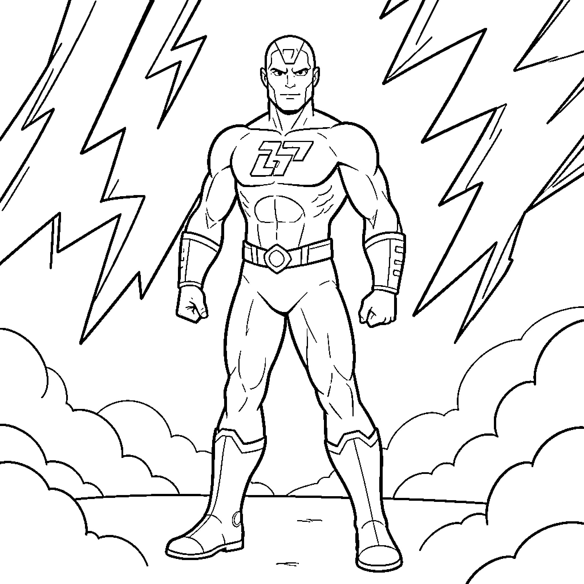 Thunderman standing heroically amidst striking lightning bolts Coloring Page (free black-and-white line drawing printable PDF for all, from beginners to advanced learners, including children, teens, adults, and seniors)