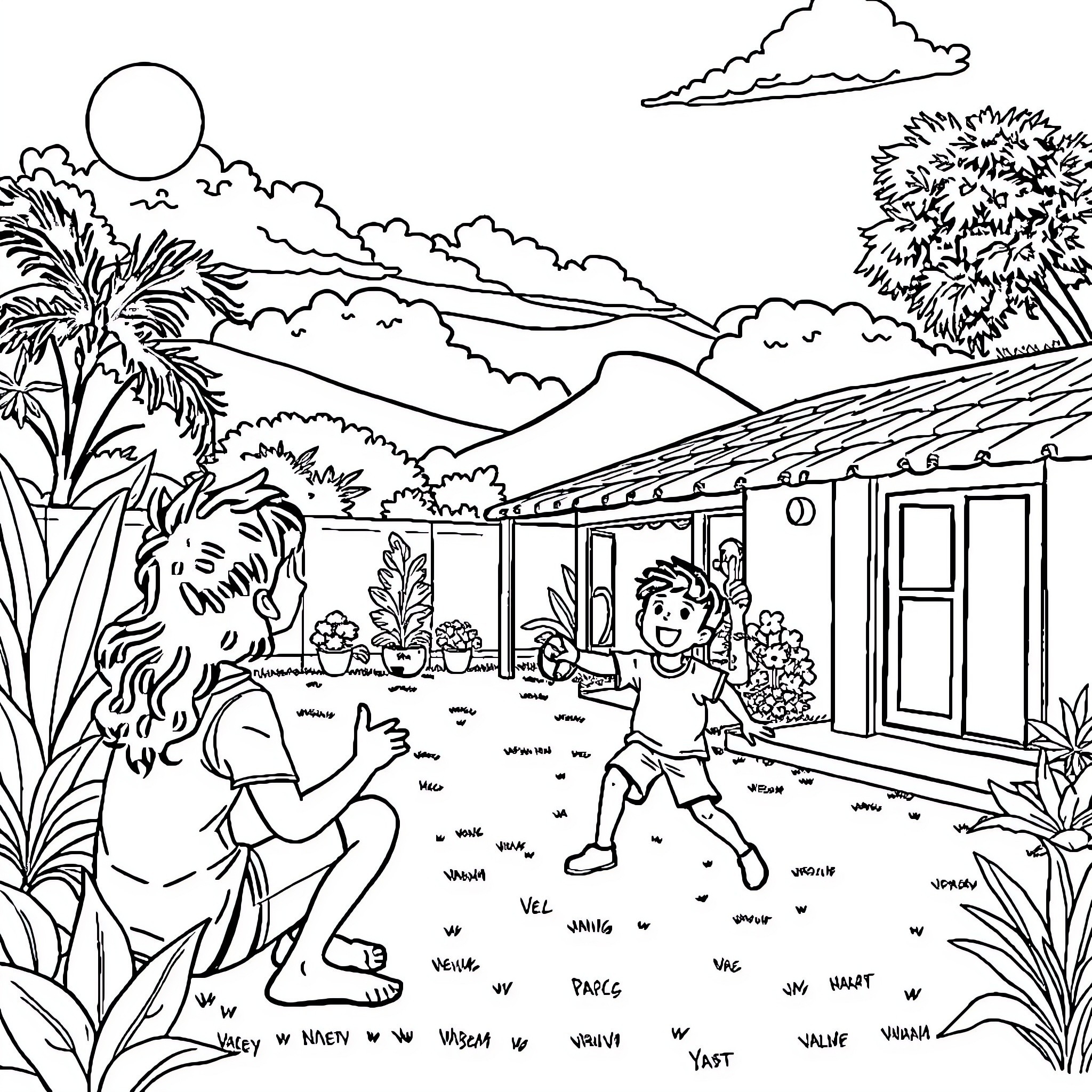 Emo Childhood Friends Explore Outdoors Oasis Coloring Page (free black-and-white line drawing printable PDF for all, from beginners to advanced learners, including children, teens, adults, and seniors)