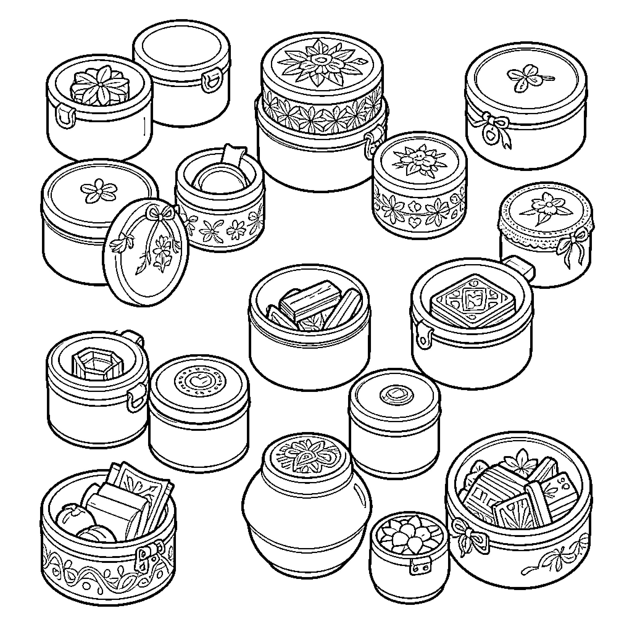 Pitaras collection of various patterned decorative storage boxes Coloring Page (free black-and-white line drawing printable PDF for all, from beginners to advanced learners, including children, teens, adults, and seniors)