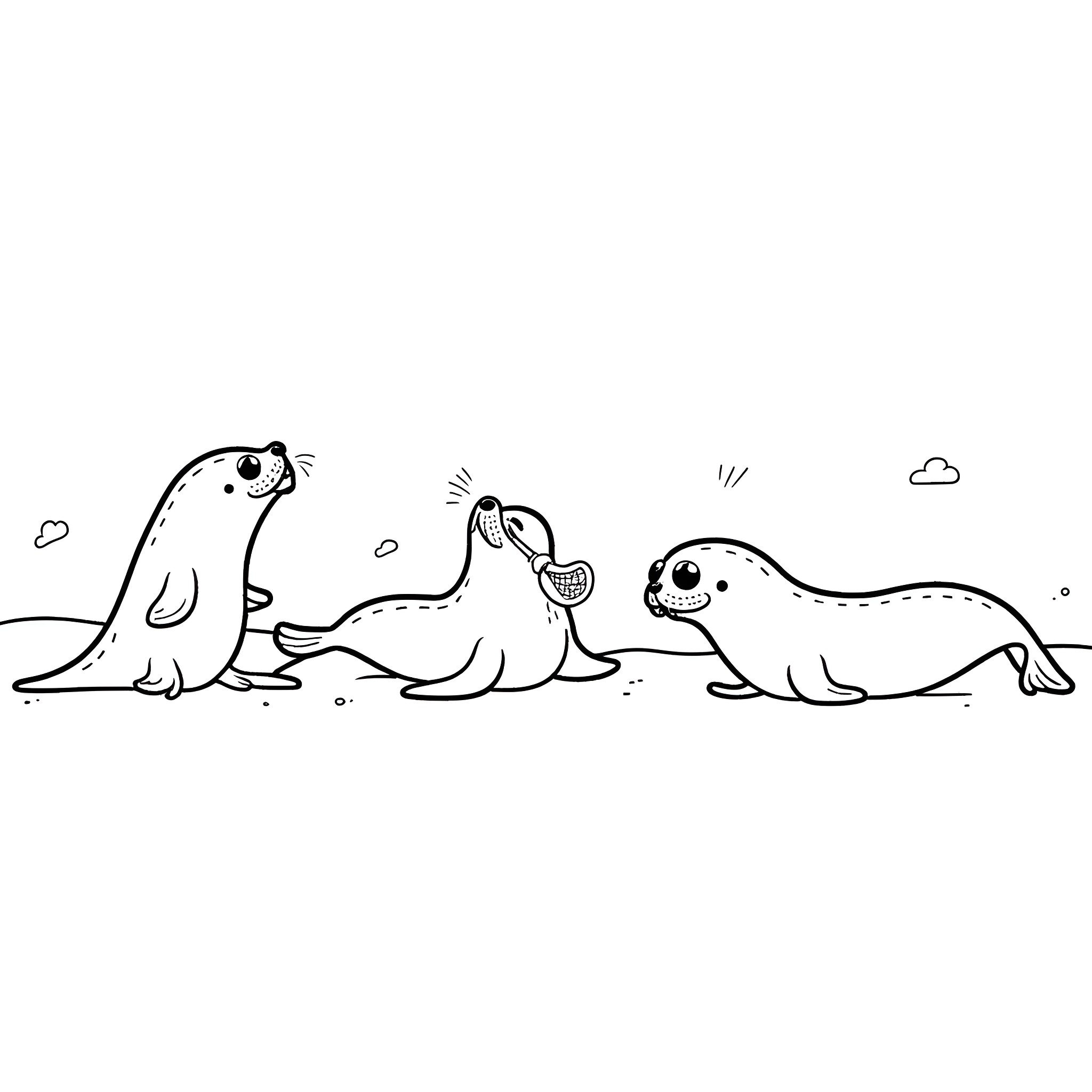 Seal pups playing and exploring in nature Coloring Page (free black-and-white line drawing printable PDF for all, from beginners to advanced learners, including children, teens, adults, and seniors)
