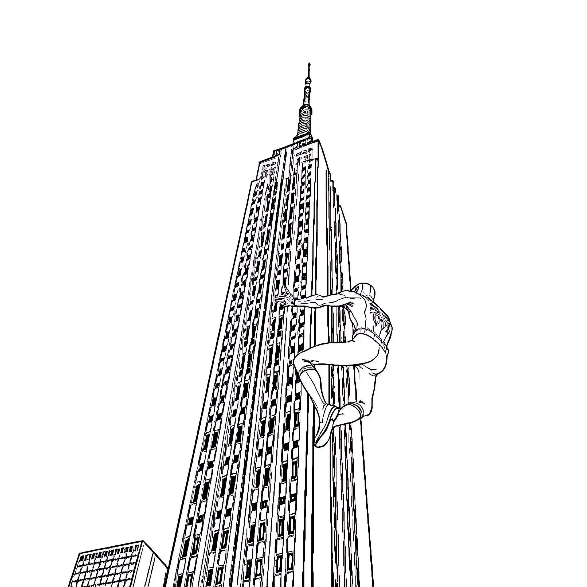 Spiderman climbing the Empire State Building Coloring Page (free black-and-white line drawing printable PDF for all, from beginners to advanced learners, including children, teens, adults, and seniors)