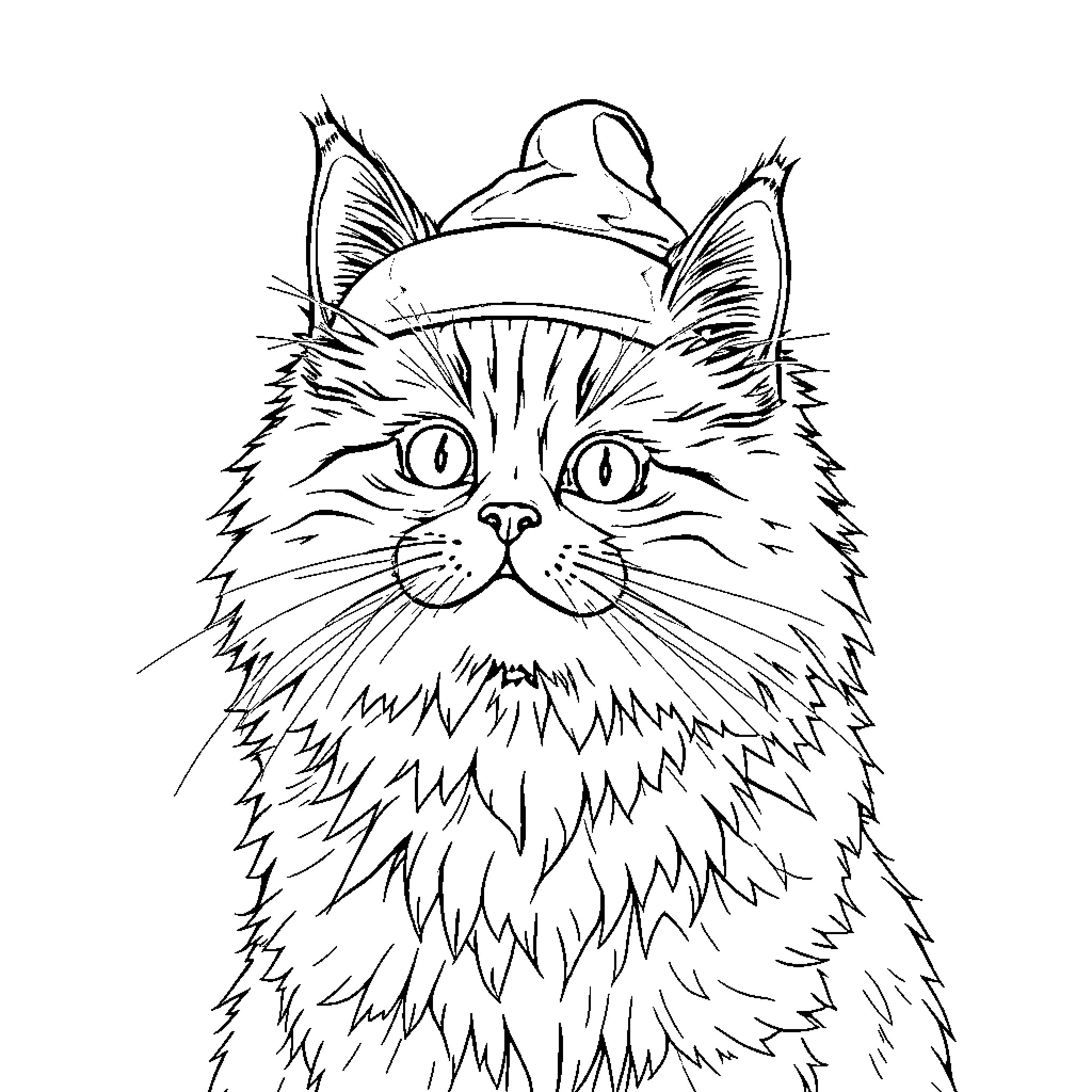 Cat wearing a curious expression Coloring Page (free black-and-white line drawing printable PDF for all, from beginners to advanced learners, including children, teens, adults, and seniors)