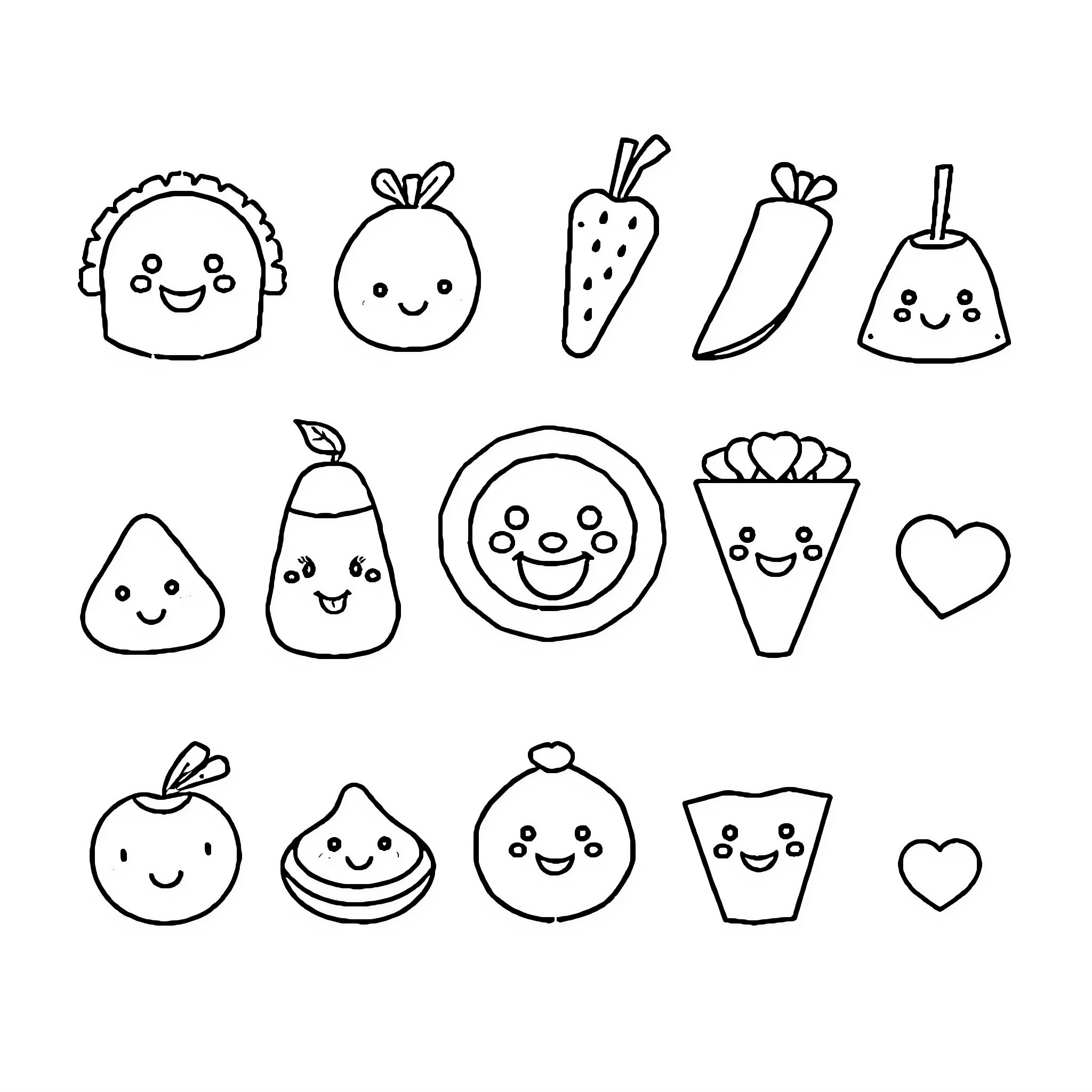 Food-themed cartoon icons with expressive faces Coloring Page (free black-and-white line drawing printable PDF for all, from beginners to advanced learners, including children, teens, adults, and seniors)