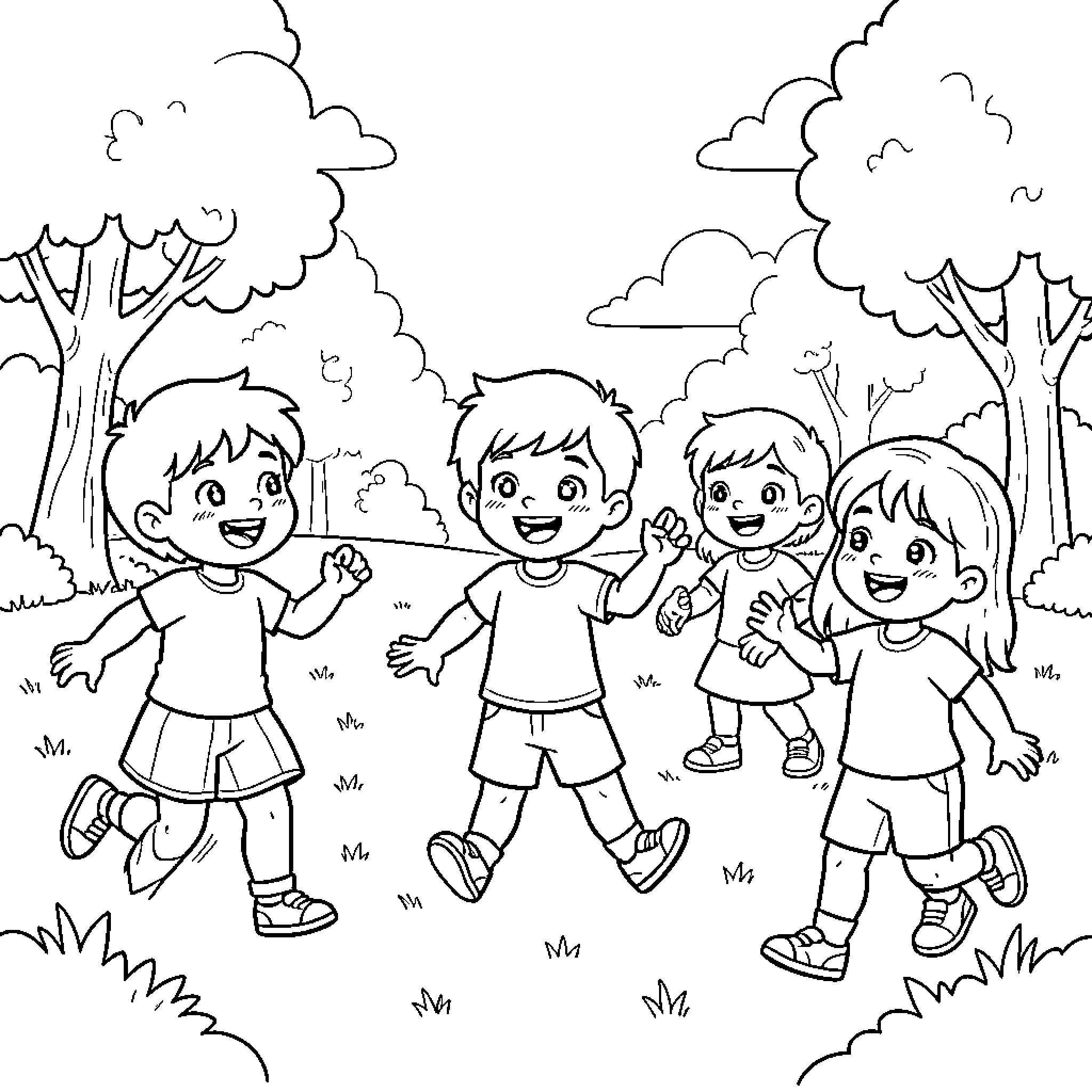 Drawing children running and playing joyfully in a park Coloring Page (free black-and-white line drawing printable PDF for all, from beginners to advanced learners, including children, teens, adults, and seniors)