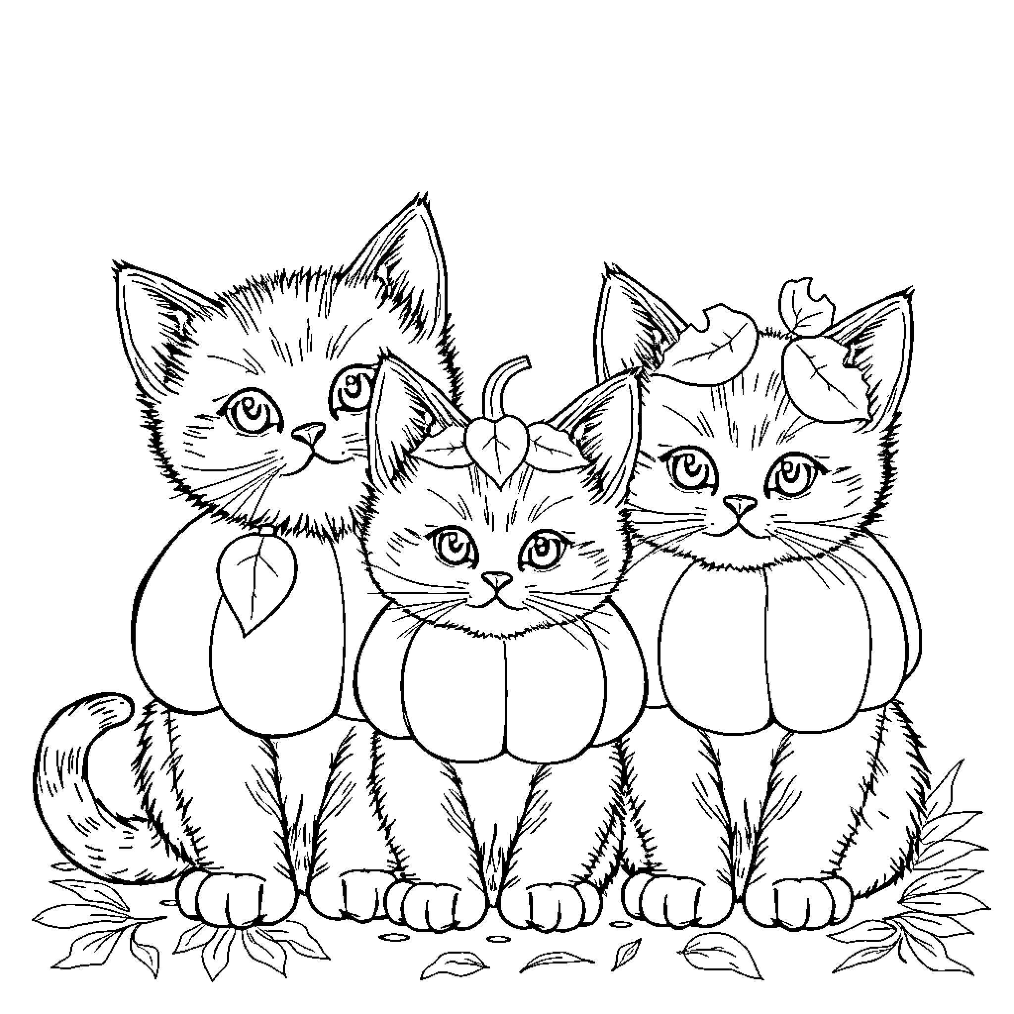 Kittens exploring autumn pumpkins Coloring Page (free black-and-white line drawing printable PDF for all, from beginners to advanced learners, including children, teens, adults, and seniors)