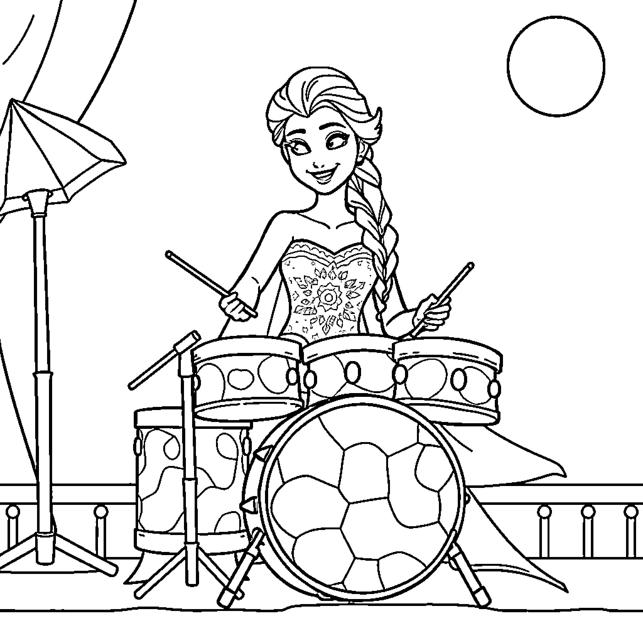 Elsa's Musical Performance on the Drum Set Coloring Page (free black-and-white line drawing printable PDF for all, from beginners to advanced learners, including children, teens, adults, and seniors)
