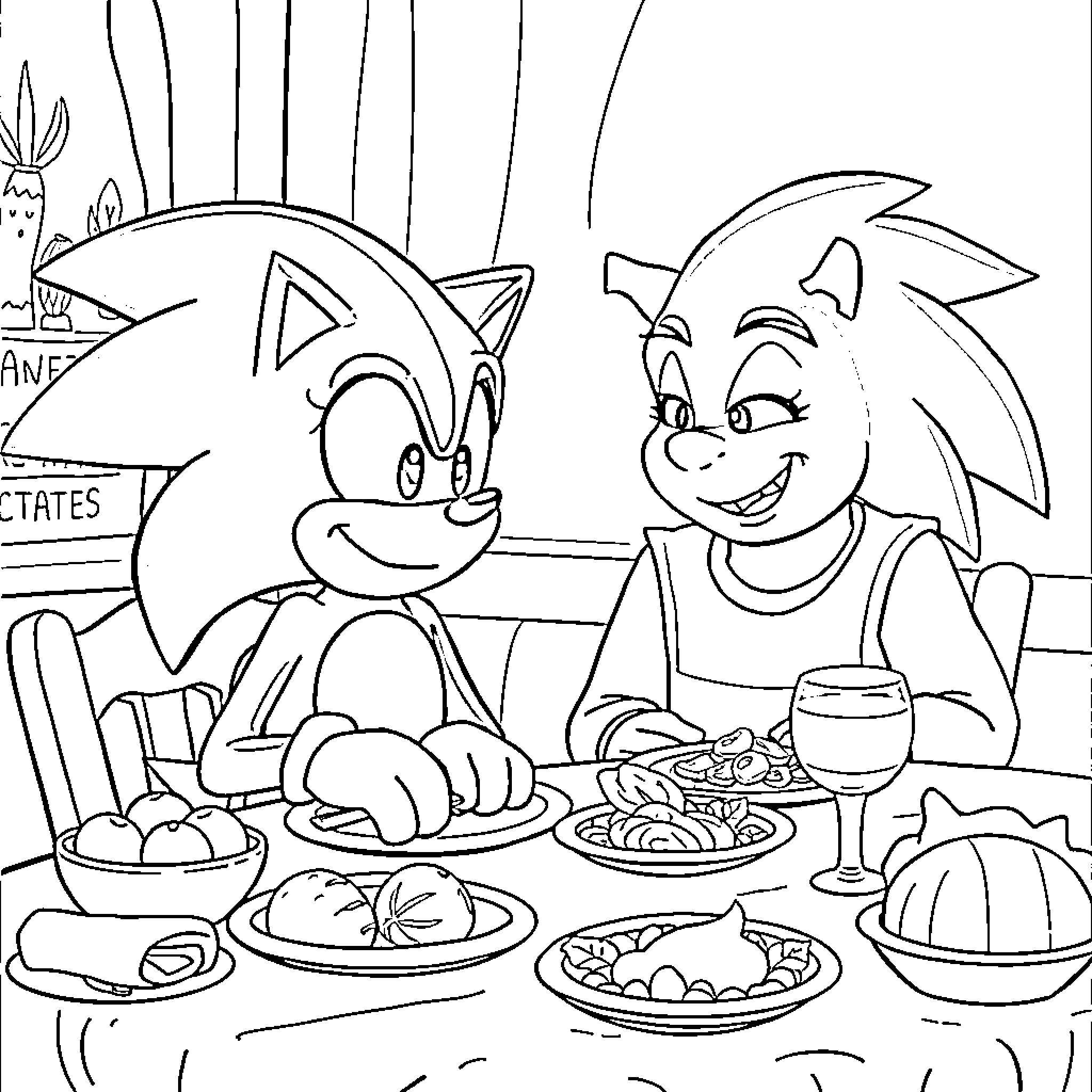 Sonic Characters Enjoying a Delightful Meal Together Coloring Page (free black-and-white line drawing printable PDF for all, from beginners to advanced learners, including children, teens, adults, and seniors)