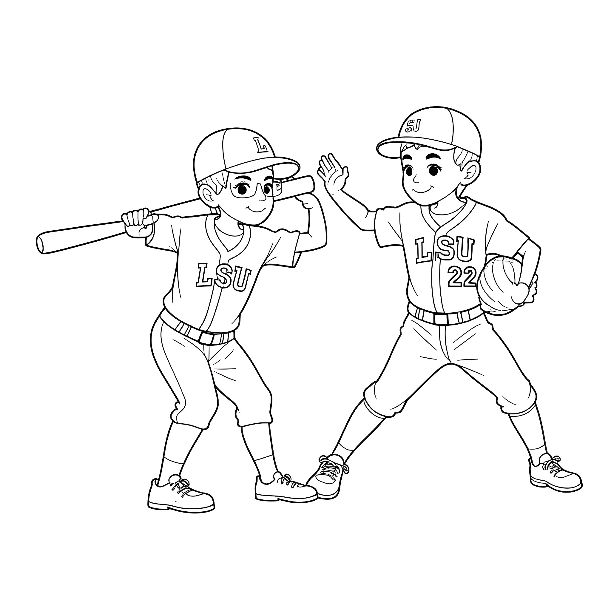 Brother baseball players celebrating victory Coloring Page (free black-and-white line drawing printable PDF for all, from beginners to advanced learners, including children, teens, adults, and seniors)