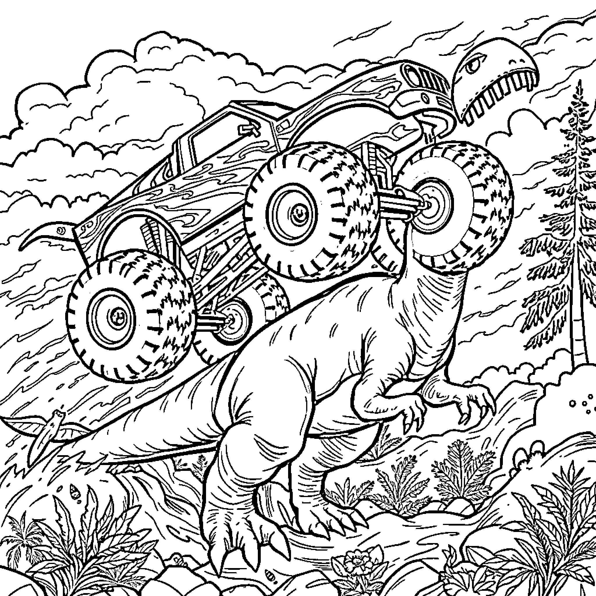 Monster Truck Dinosaur Adventure in the Wild Coloring Page (free black-and-white line drawing printable PDF for all, from beginners to advanced learners, including children, teens, adults, and seniors)