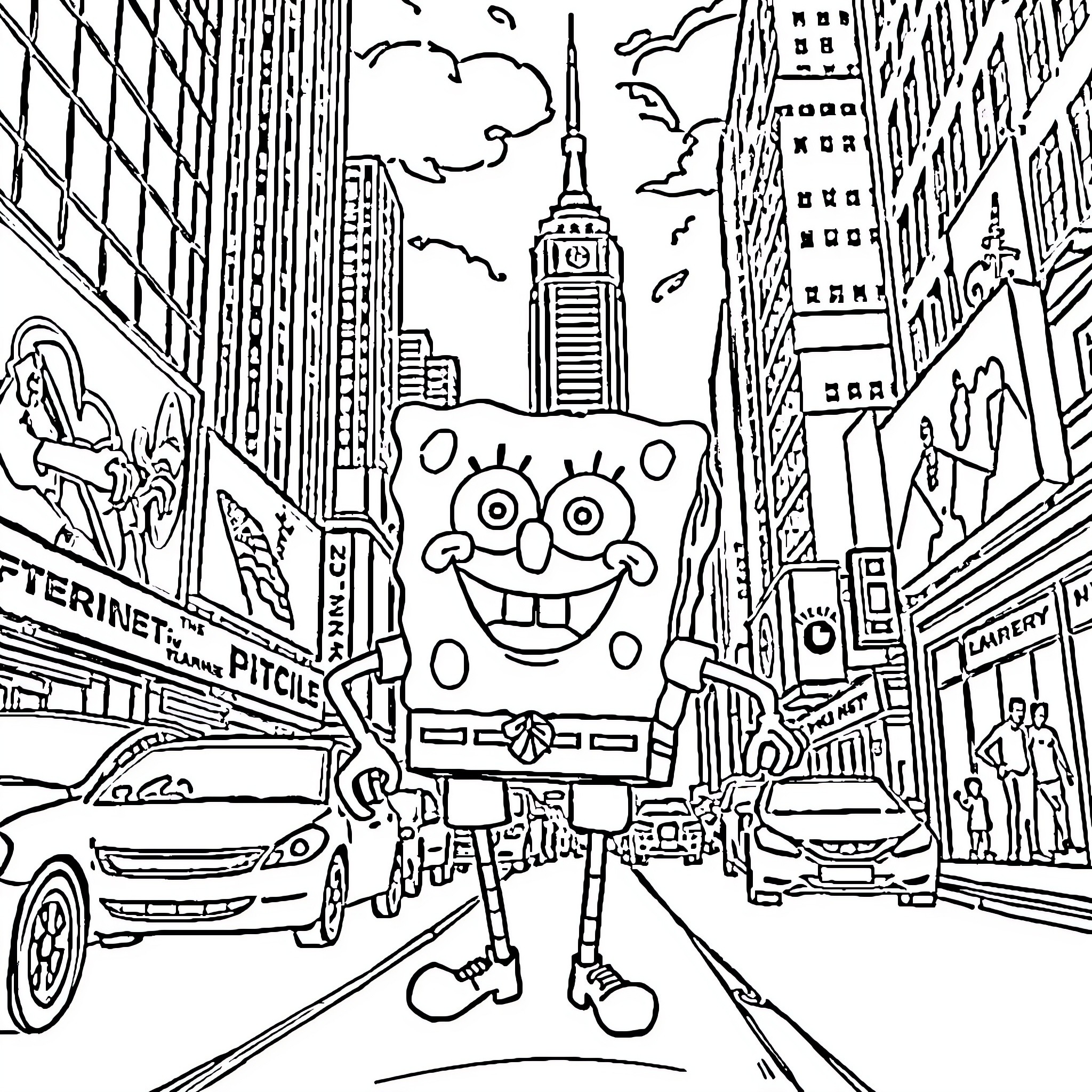 Spongebob's Wacky Adventure in the Big City Coloring Page (free black-and-white line drawing printable PDF for all, from beginners to advanced learners, including children, teens, adults, and seniors)