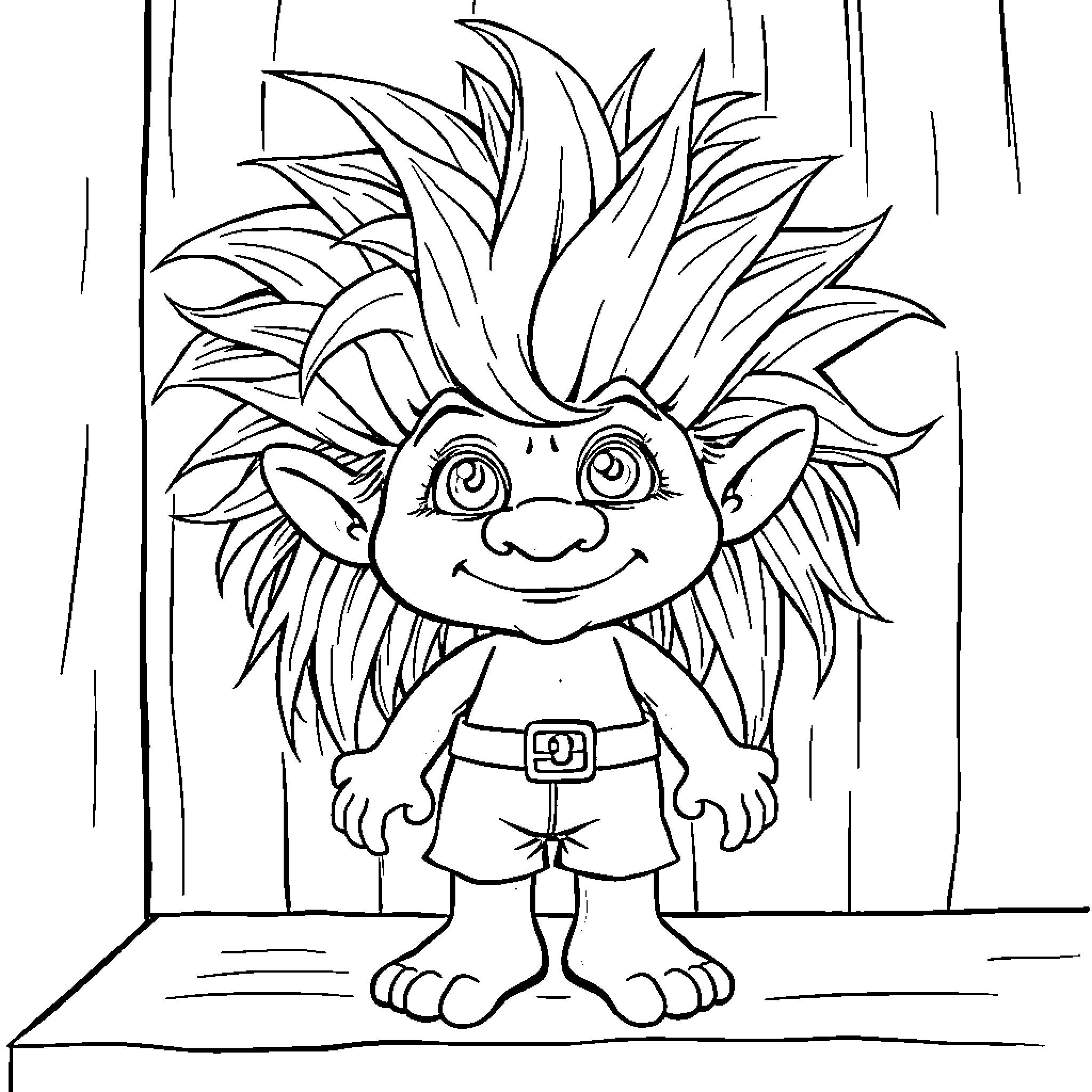 Troll Doll with Whimsical Expression and Hairstyle Coloring Page (free black-and-white line drawing printable PDF for all, from beginners to advanced learners, including children, teens, adults, and seniors)
