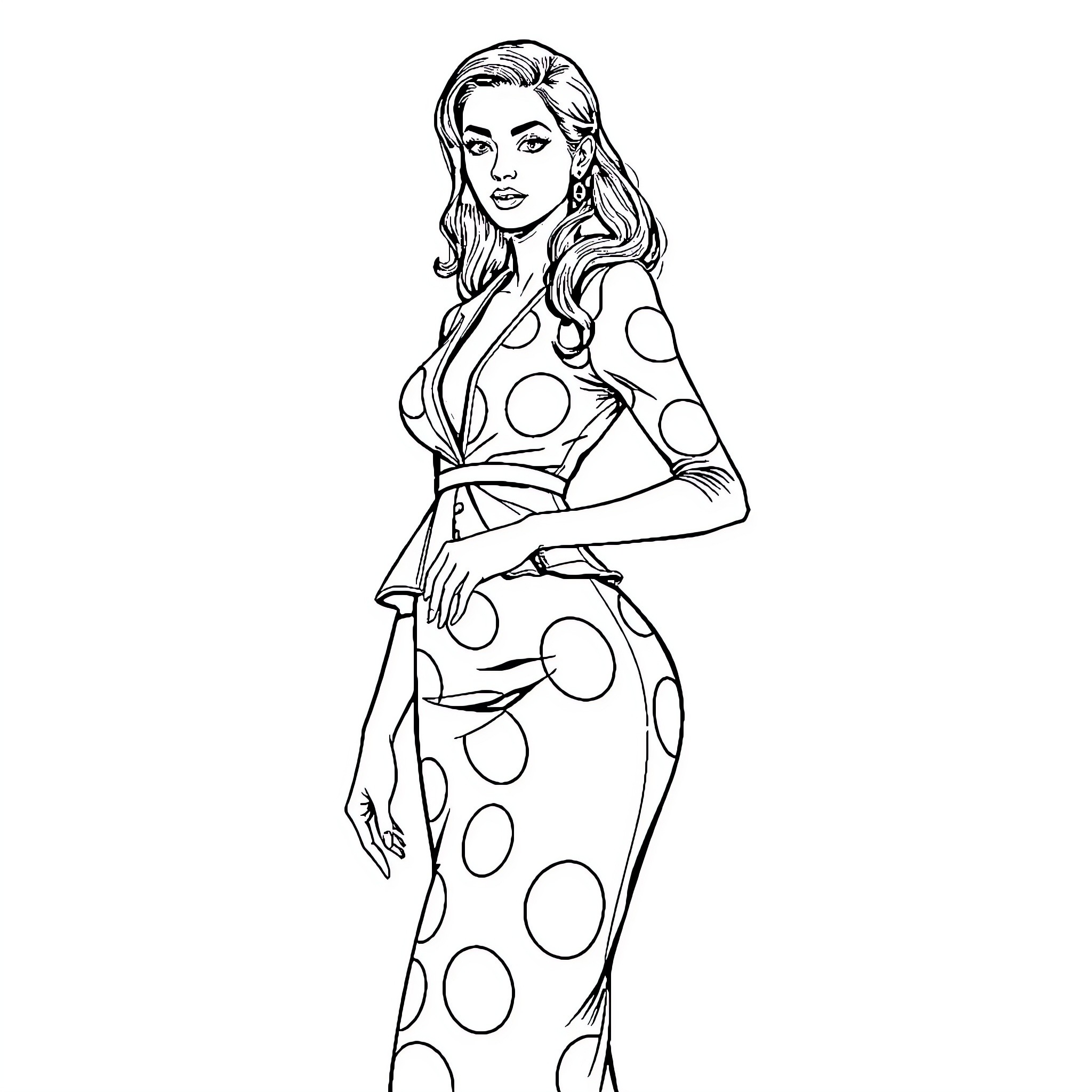 Egg-shaped figure in playful polka dot dress Coloring Page (free black-and-white line drawing printable PDF for all, from beginners to advanced learners, including children, teens, adults, and seniors)