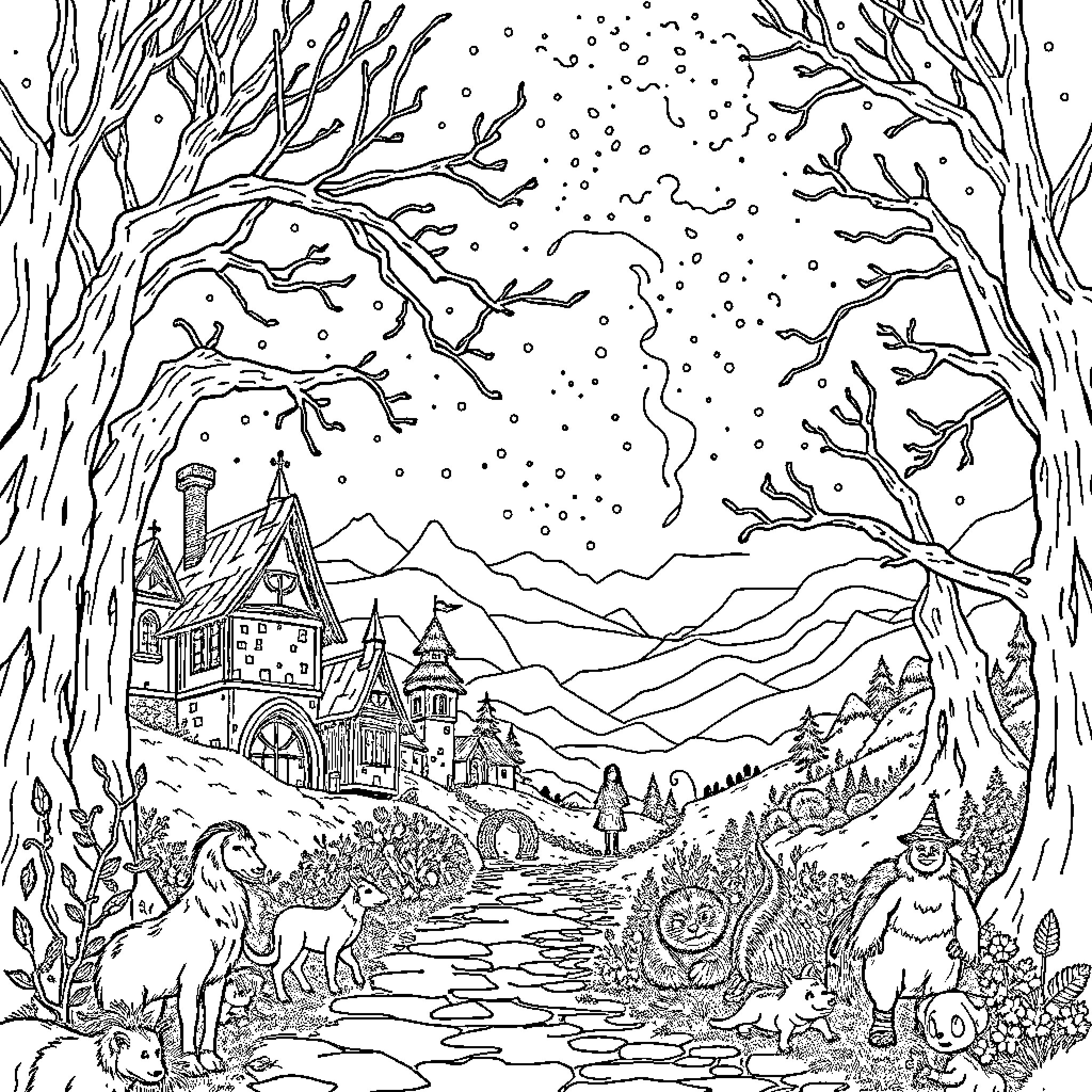 Story of a Snowy Fairytale Landscape Coloring Page (free black-and-white line drawing printable PDF for all, from beginners to advanced learners, including children, teens, adults, and seniors)