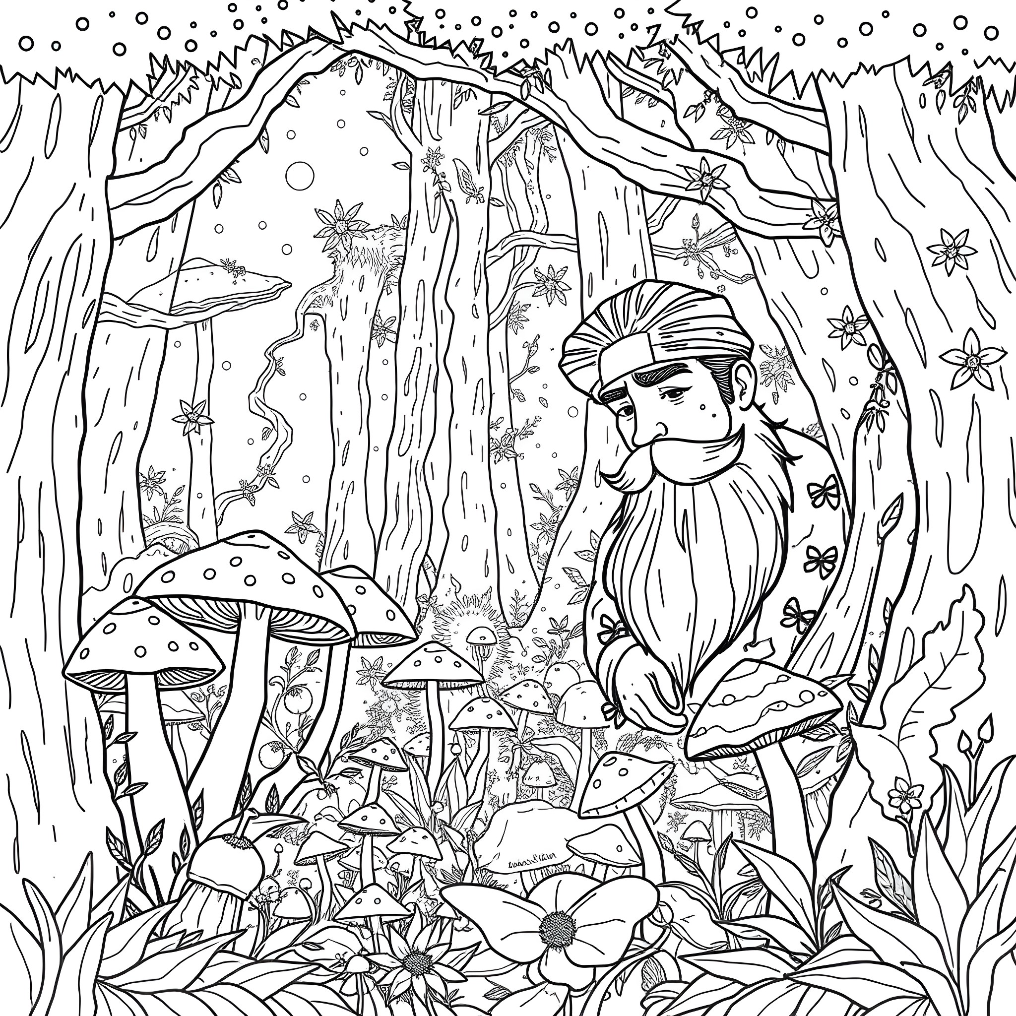 Guy exploring a mystical mushroom forest Coloring Page (free black-and-white line drawing printable PDF for all, from beginners to advanced learners, including children, teens, adults, and seniors)