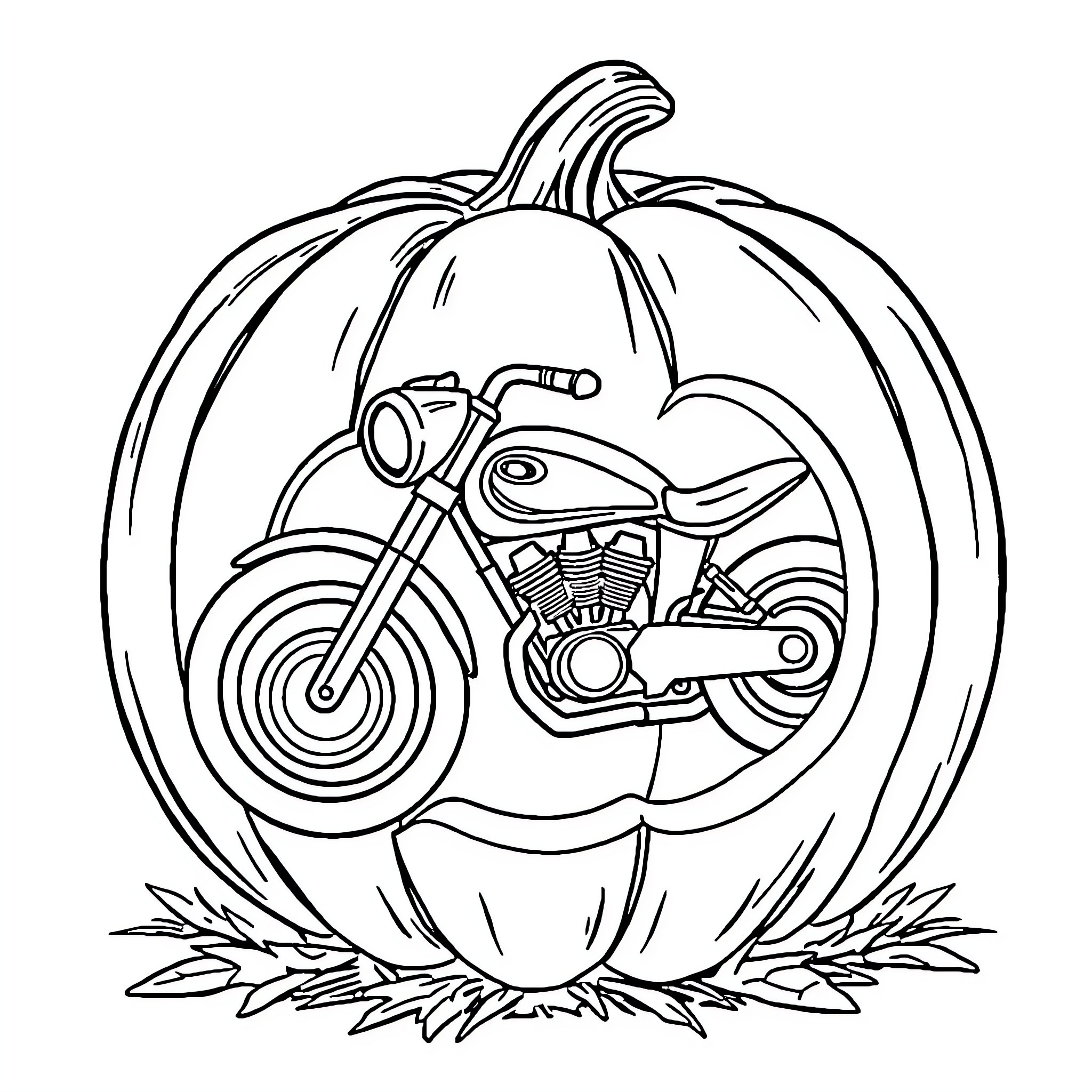 Motorcycle carved into pumpkin Coloring Page (free black-and-white line drawing printable PDF for all, from beginners to advanced learners, including children, teens, adults, and seniors)