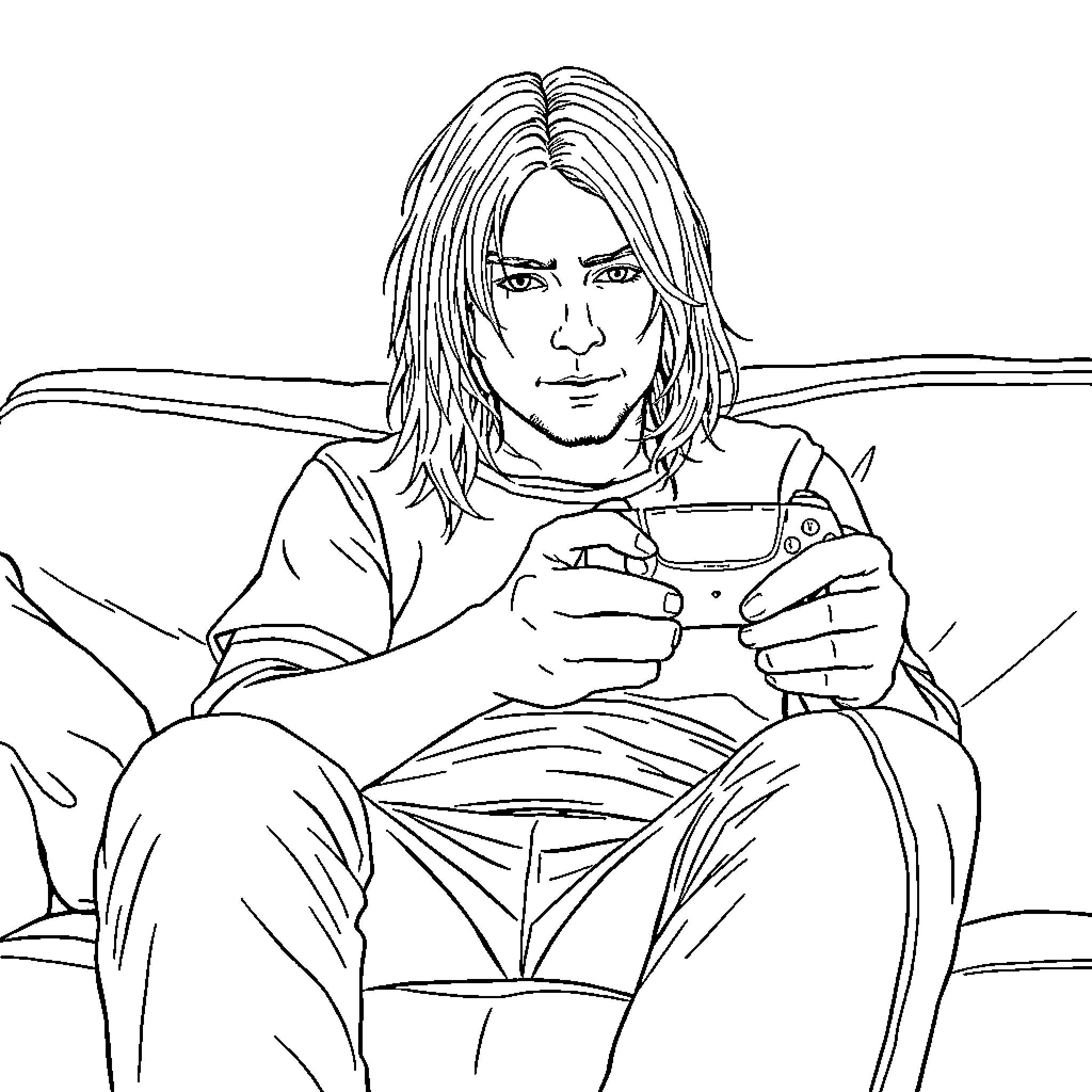 Kurt Cobain Playing Video Game on Couch Coloring Page (free black-and-white line drawing printable PDF for all, from beginners to advanced learners, including children, teens, adults, and seniors)