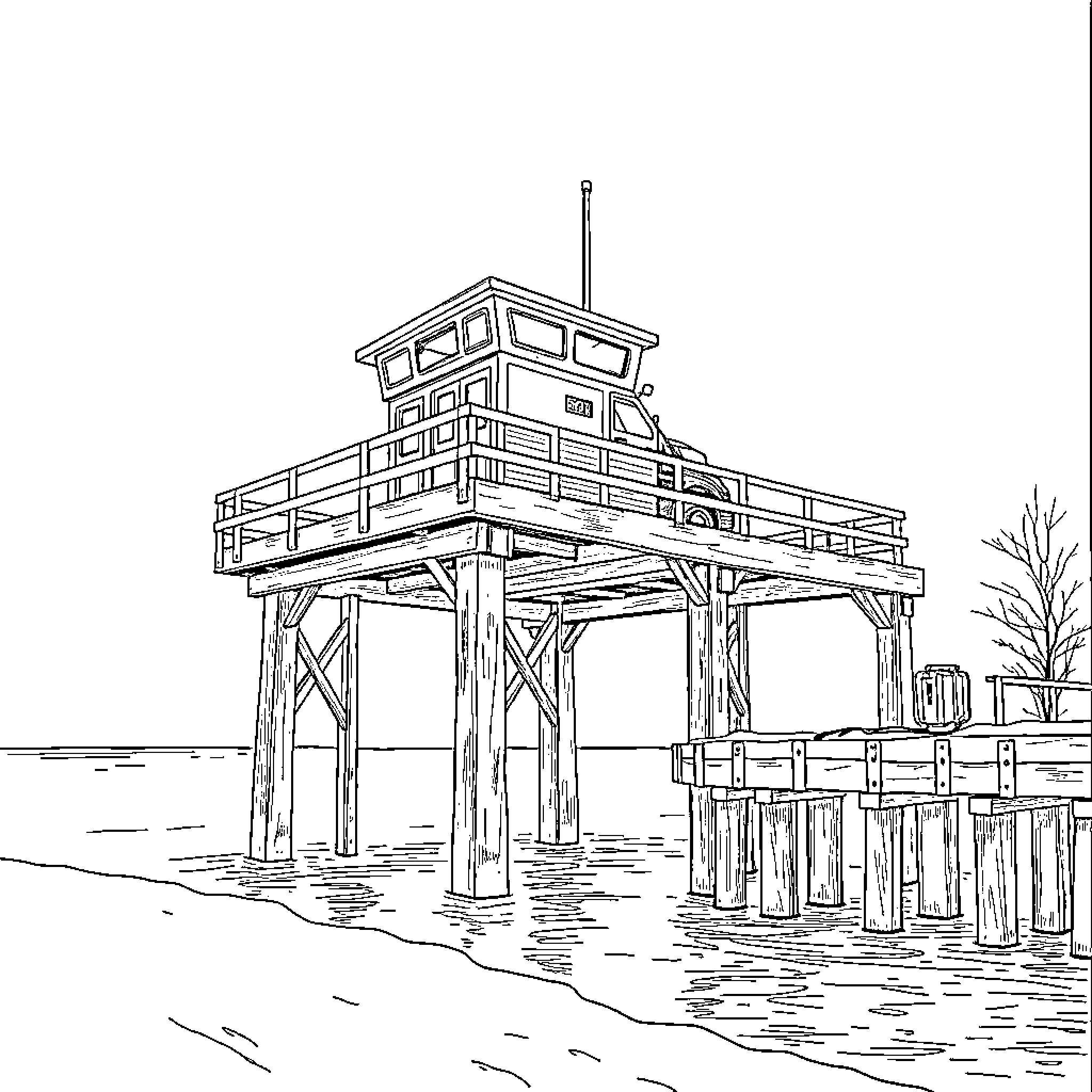 R&J Machine Wooden Pier Overlooking the Water Coloring Page (free black-and-white line drawing printable PDF for all, from beginners to advanced learners, including children, teens, adults, and seniors)