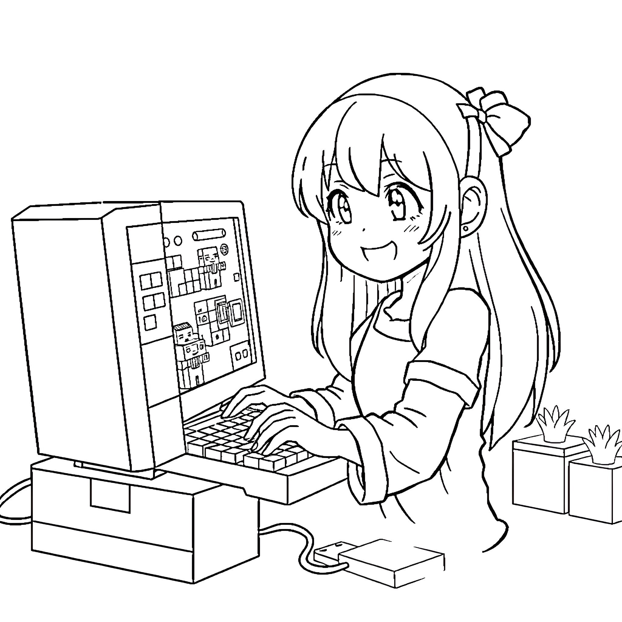 Kuromi happily working on a computer Coloring Page (free black-and-white line drawing printable PDF for all, from beginners to advanced learners, including children, teens, adults, and seniors)