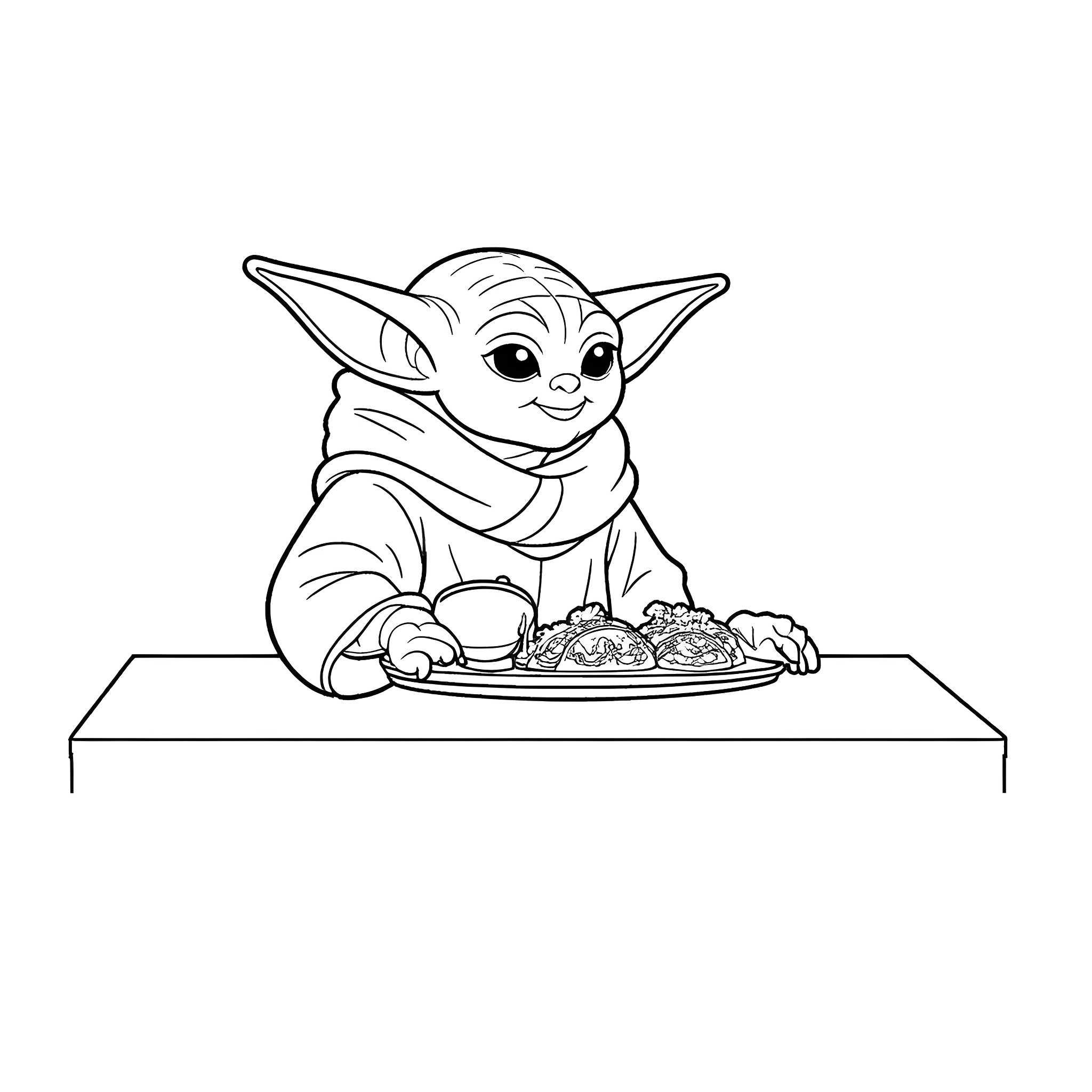 Yoda enjoys a delightful meal Coloring Page (free black-and-white line drawing printable PDF for all, from beginners to advanced learners, including children, teens, adults, and seniors)