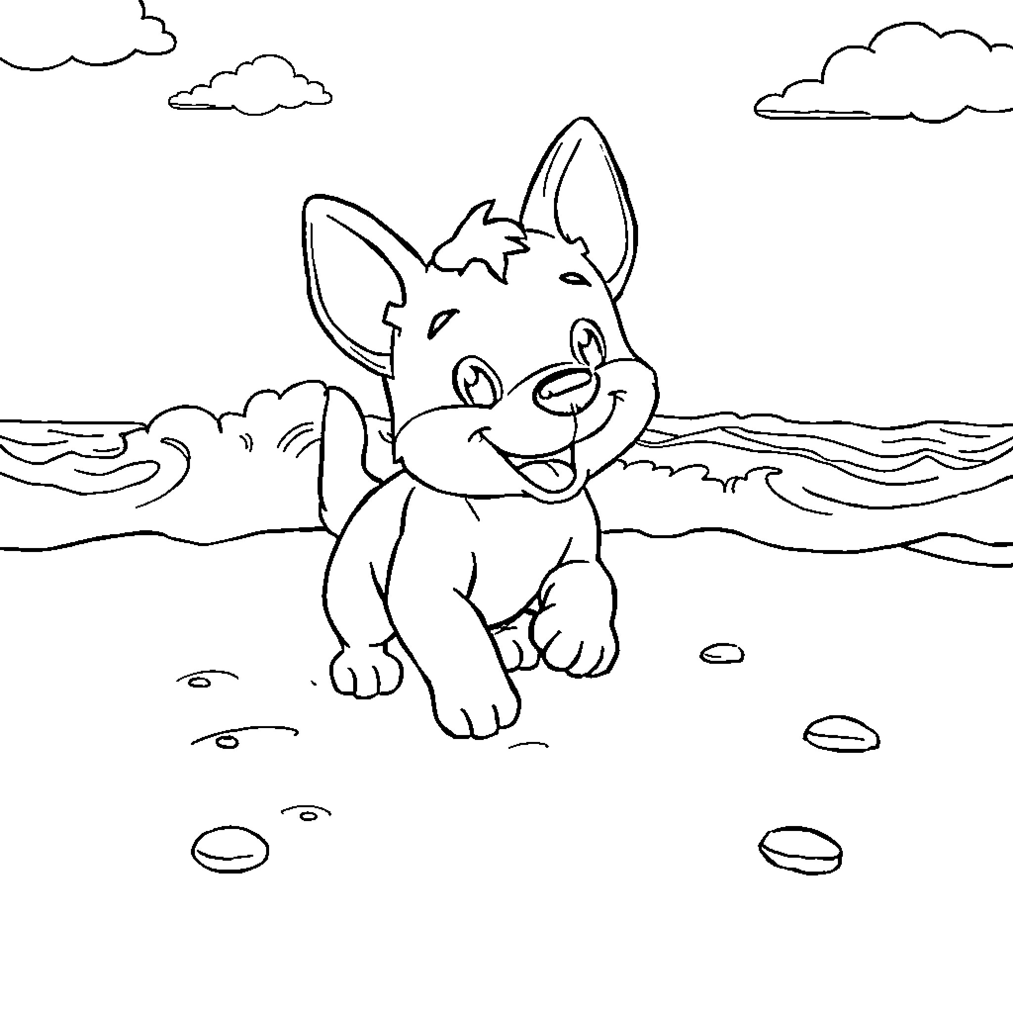 Bluey playing happily by the beach Coloring Page (free black-and-white line drawing printable PDF for all, from beginners to advanced learners, including children, teens, adults, and seniors)