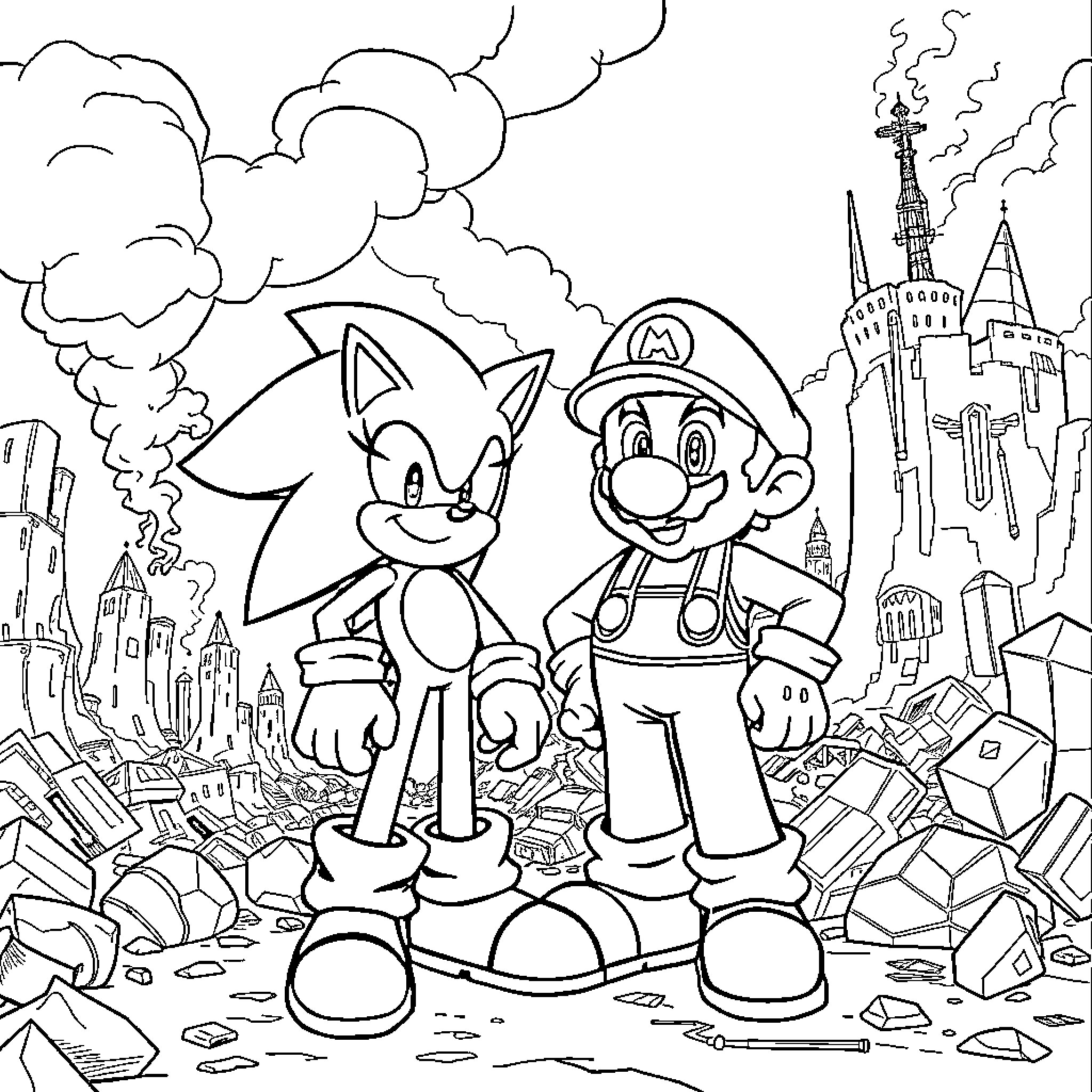 Sonic and Mario Exploring the Ruined City Coloring Page (free black-and-white line drawing printable PDF for all, from beginners to advanced learners, including children, teens, adults, and seniors)