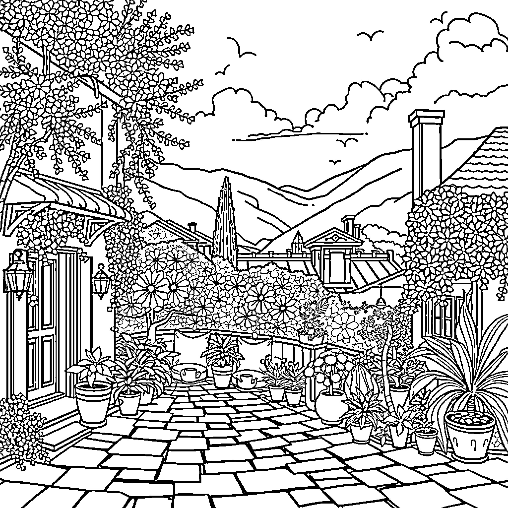 Lifestyle Scenic Garden with Flowering Plants Coloring Page (free black-and-white line drawing printable PDF for all, from beginners to advanced learners, including children, teens, adults, and seniors)