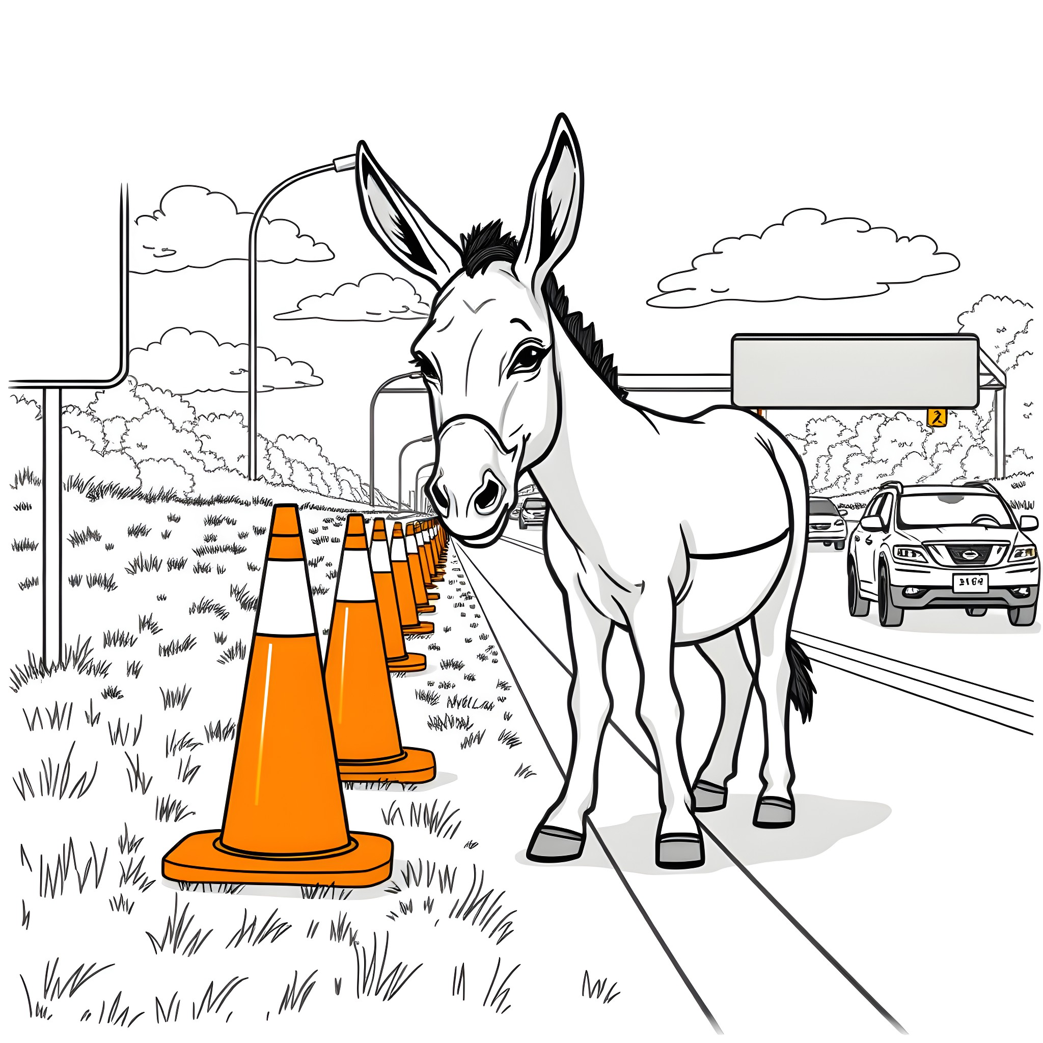 Donkey standing near traffic cones on the roadside Coloring Page (free black-and-white line drawing printable PDF for all, from beginners to advanced learners, including children, teens, adults, and seniors)