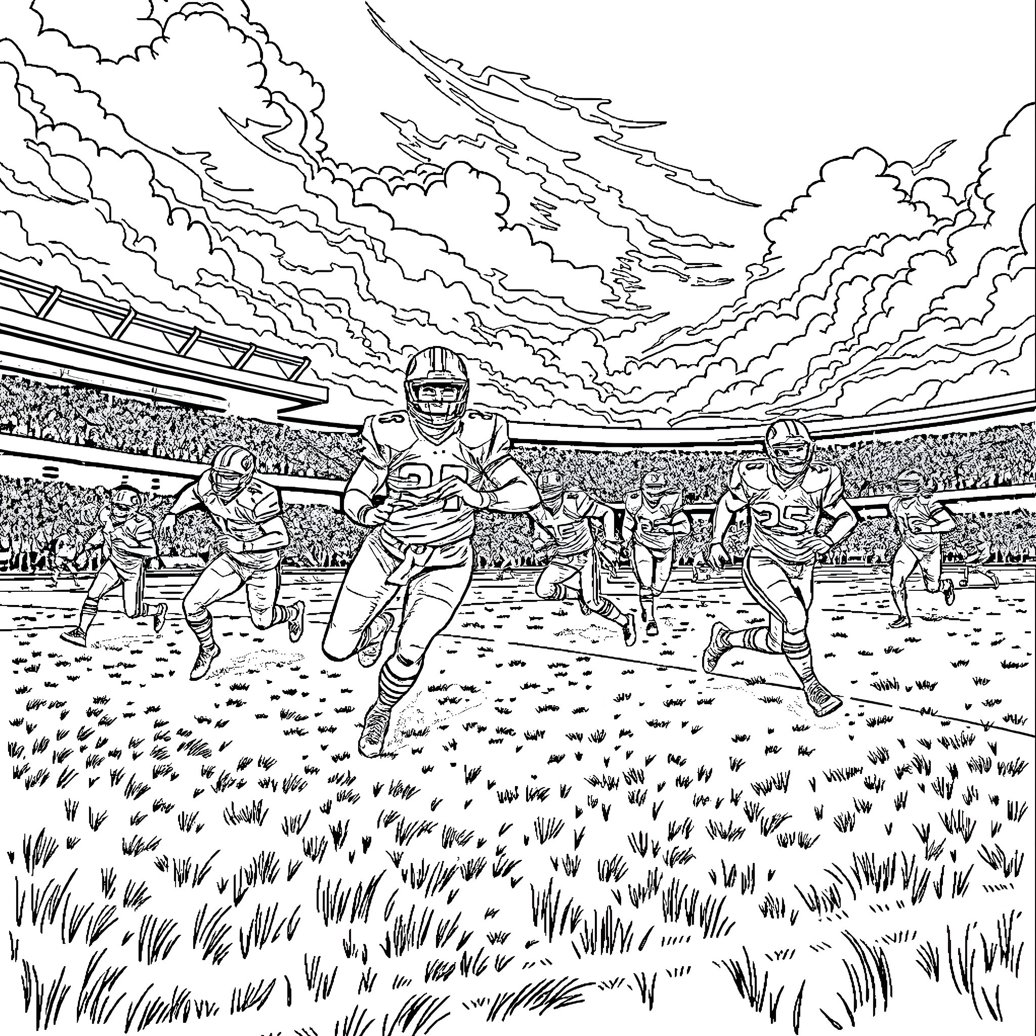 Football game on the field with intense action Coloring Page (free black-and-white line drawing printable PDF for all, from beginners to advanced learners, including children, teens, adults, and seniors)