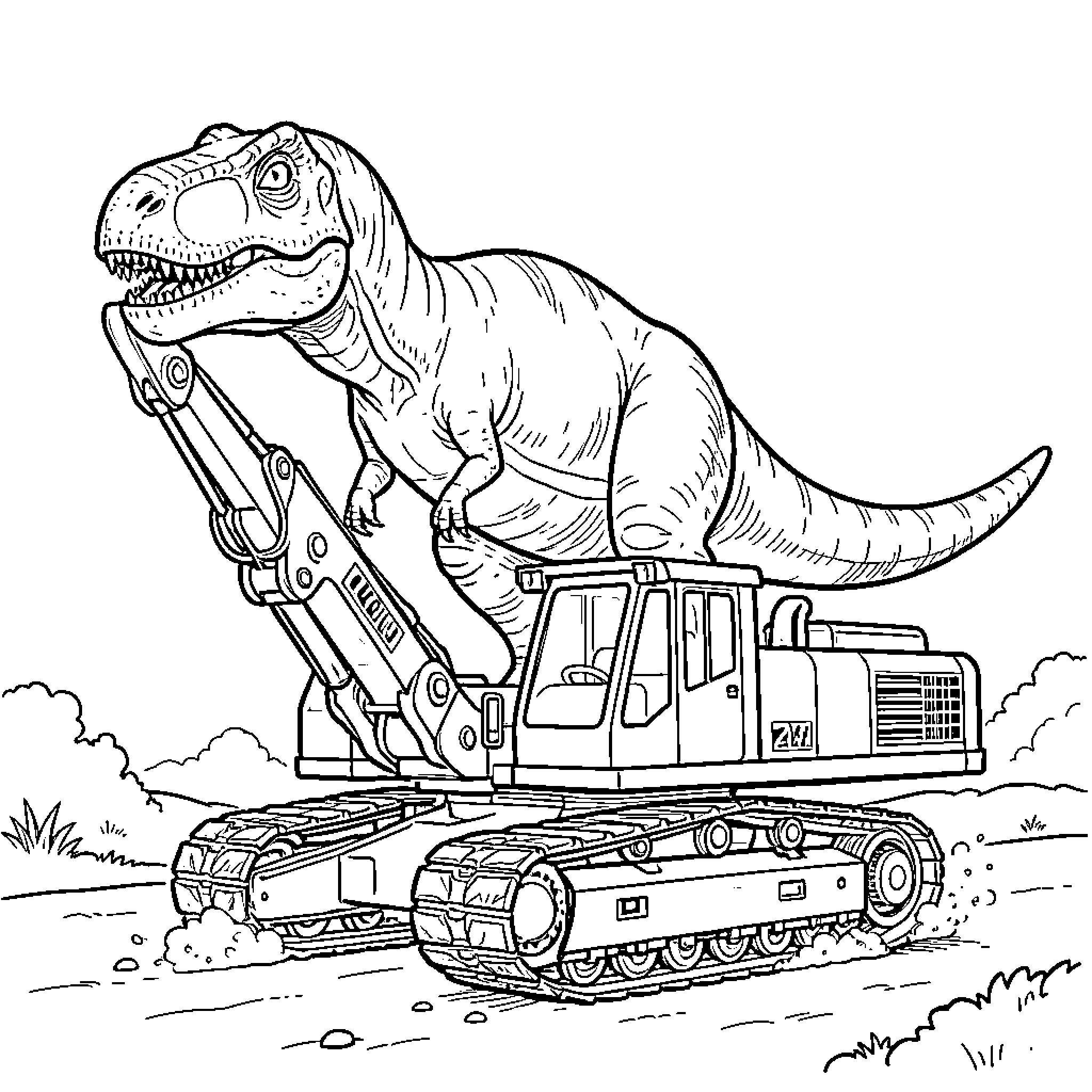 Dinosaur operating heavy machinery in the wilderness Coloring Page (free black-and-white line drawing printable PDF for all, from beginners to advanced learners, including children, teens, adults, and seniors)