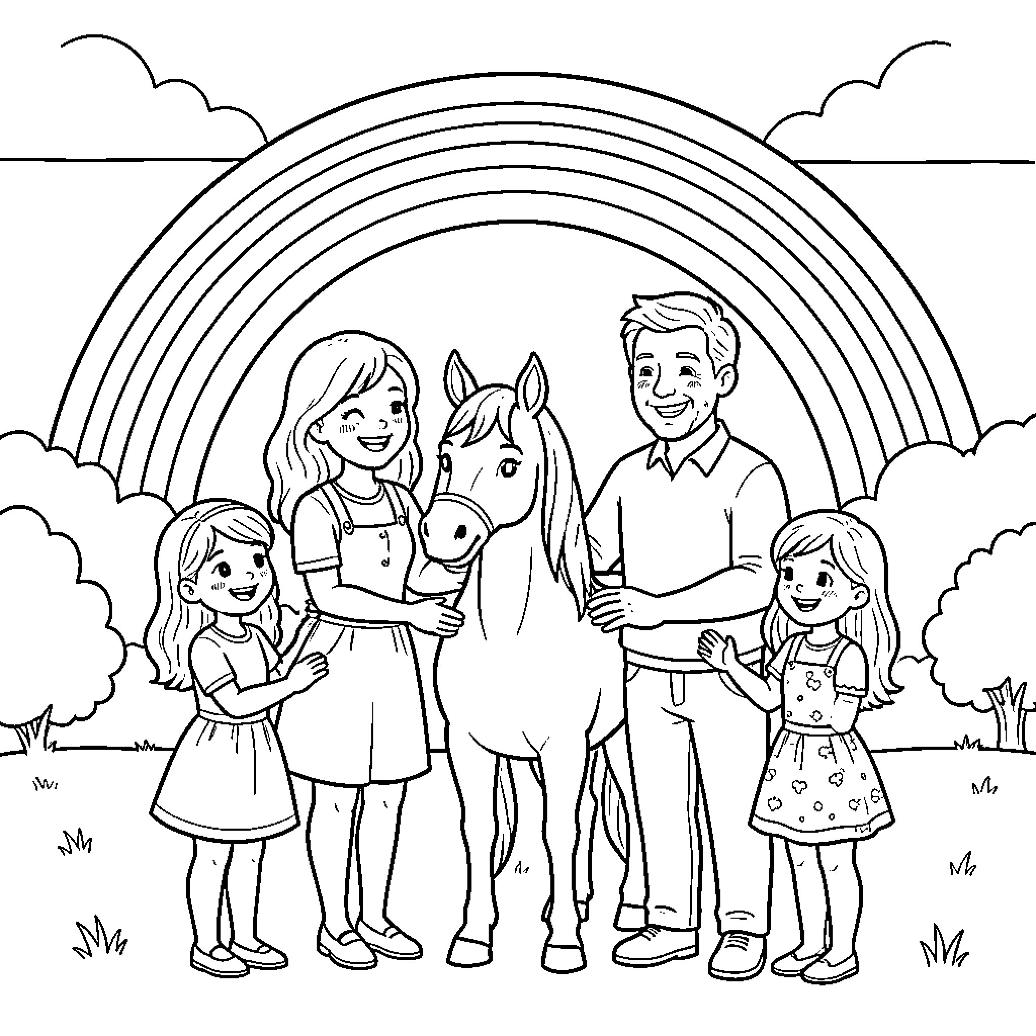 Family Enjoying Quality Time with Pets Outdoors Coloring Page (free black-and-white line drawing printable PDF for all, from beginners to advanced learners, including children, teens, adults, and seniors)